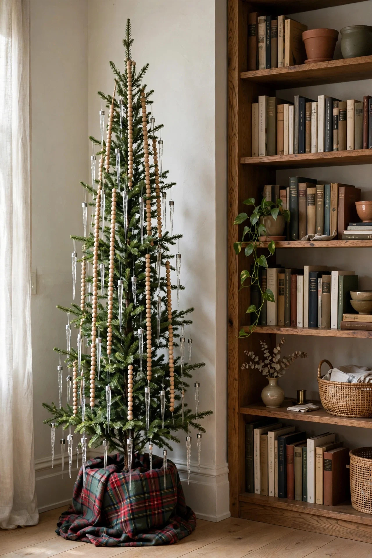 Slim pencil Christmas tree in a narrow corner