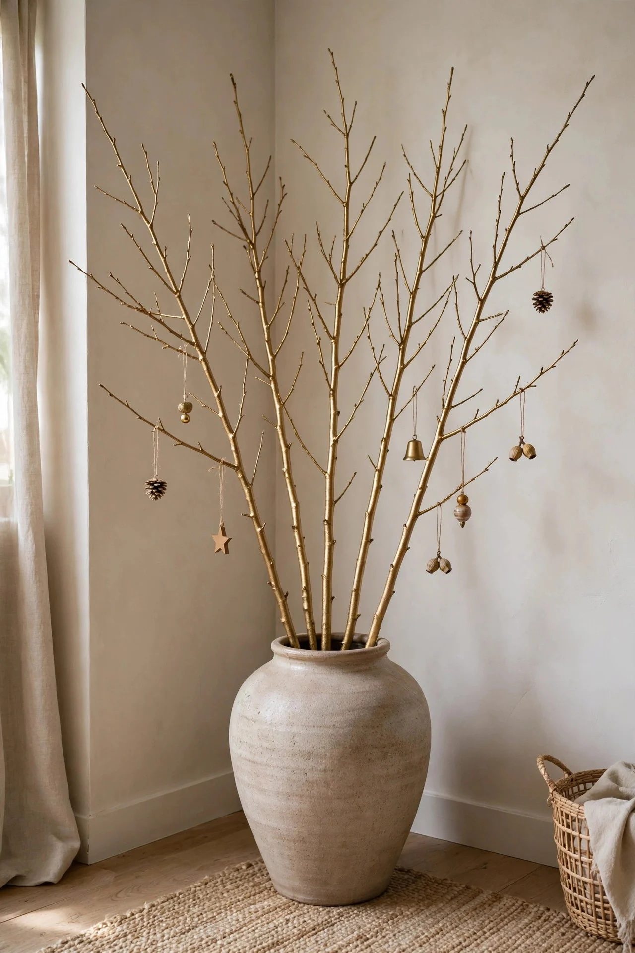 Bare branches in a tall vase decorated as a minimalist Christmas tree