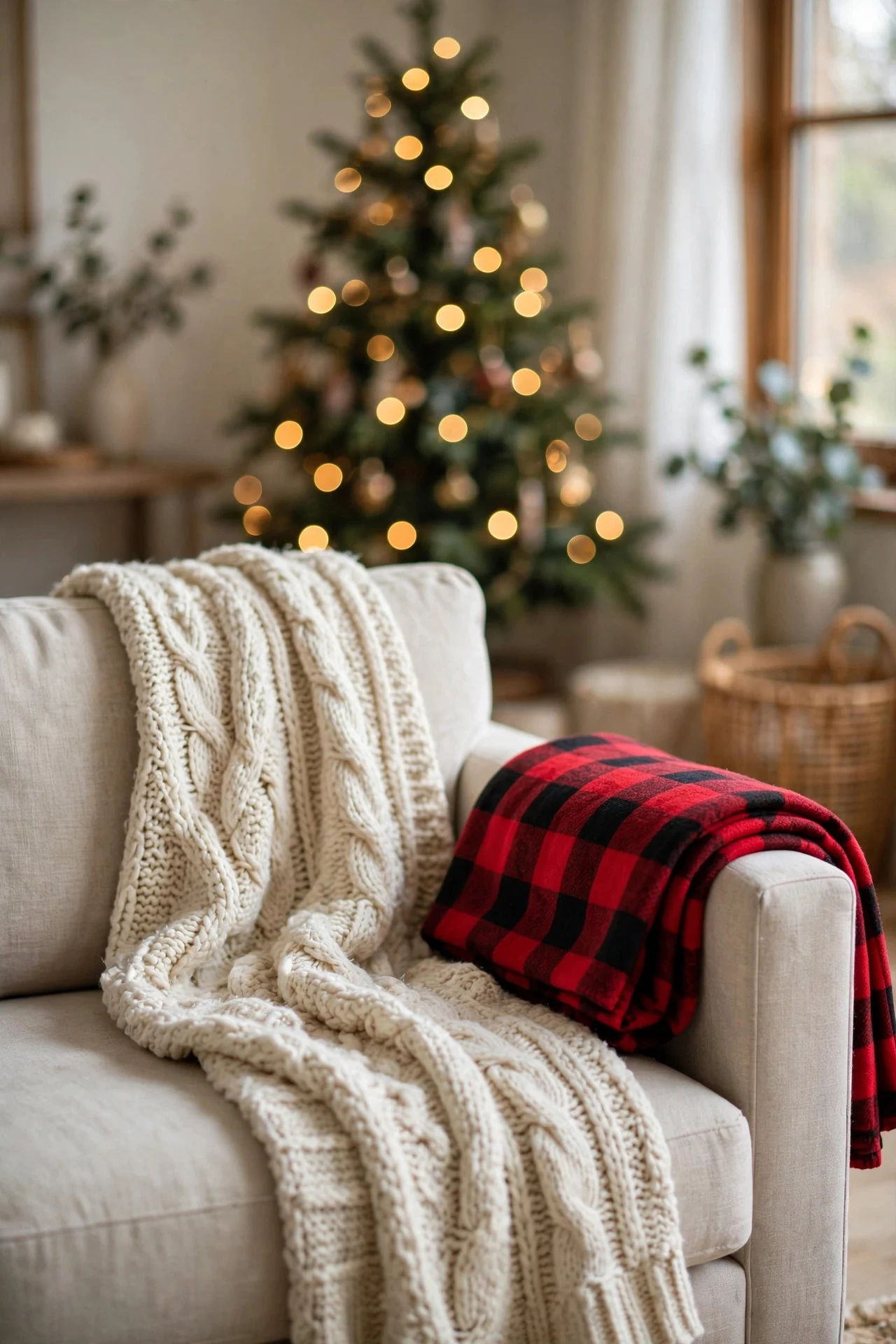 Sofa layered with chunky knit and plaid Christmas throws