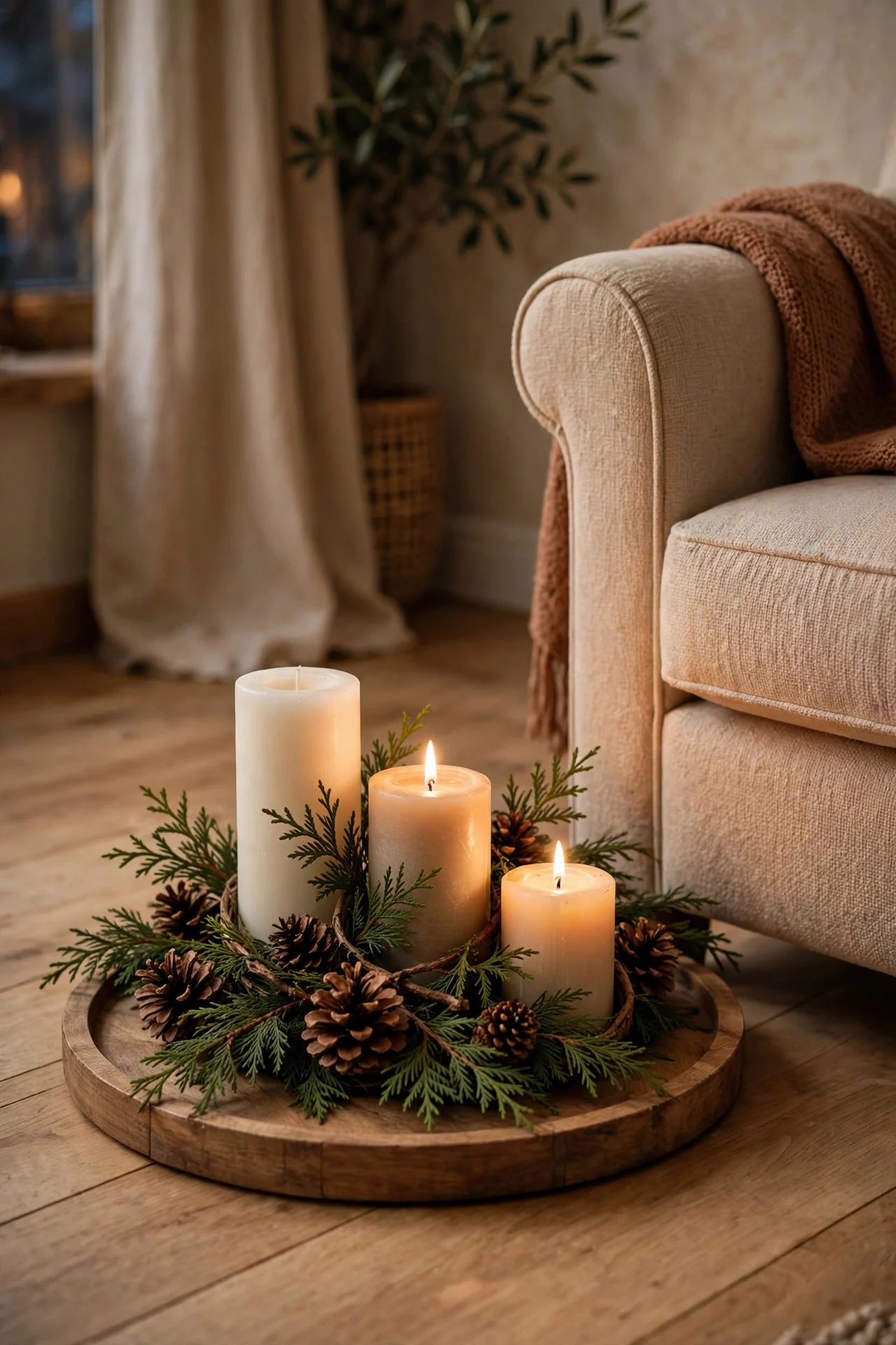 Floor-level cluster of pillar candles on a tray beside an armchair
