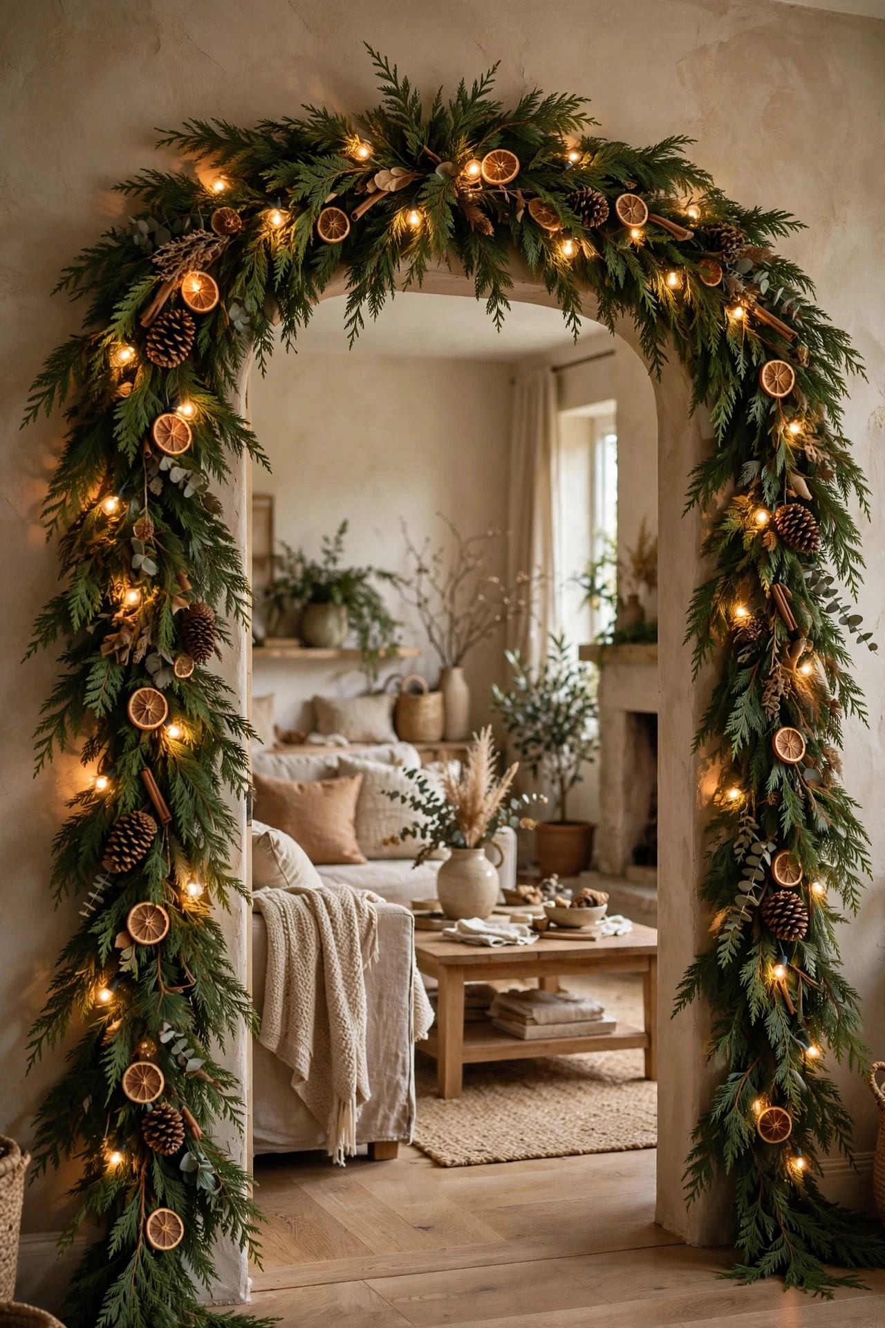 Christmas garland arch draped over a living room doorway