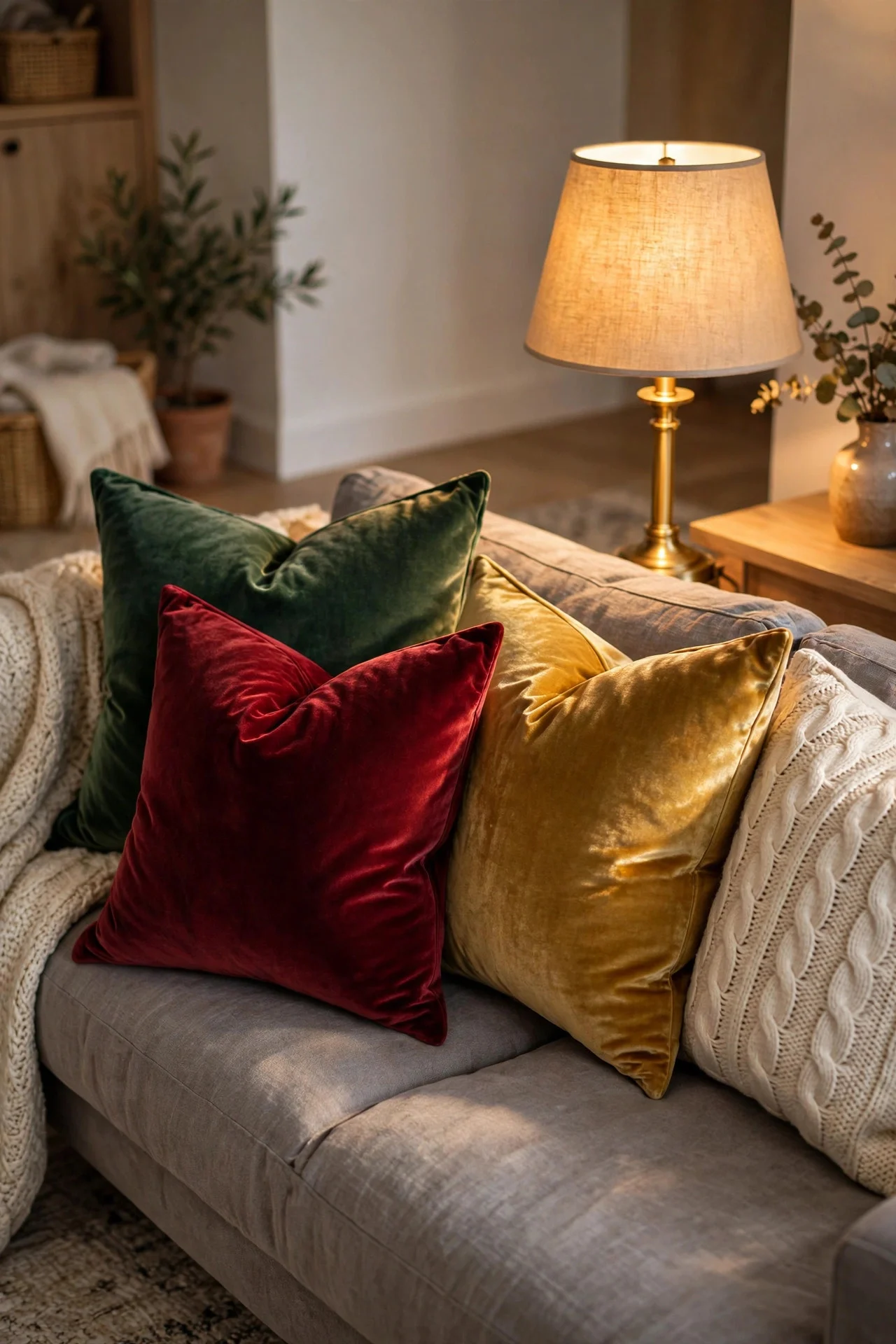 Sofa with velvet Christmas pillow covers in green cranberry and gold