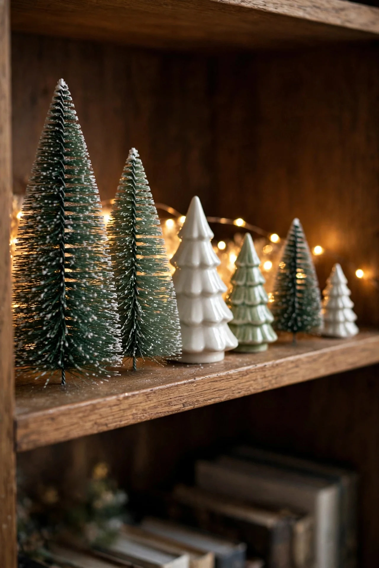 Bookshelf shelf styled with miniature Christmas trees