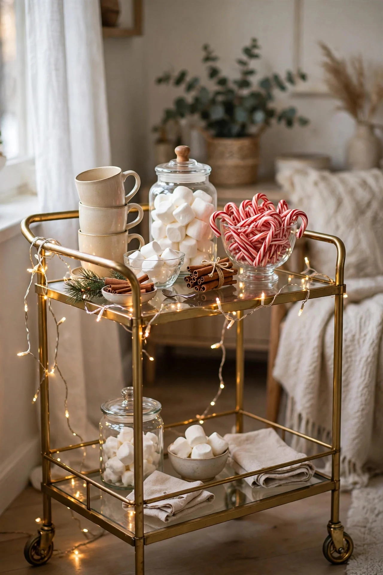 Bar cart turned into a hot cocoa station for Christmas