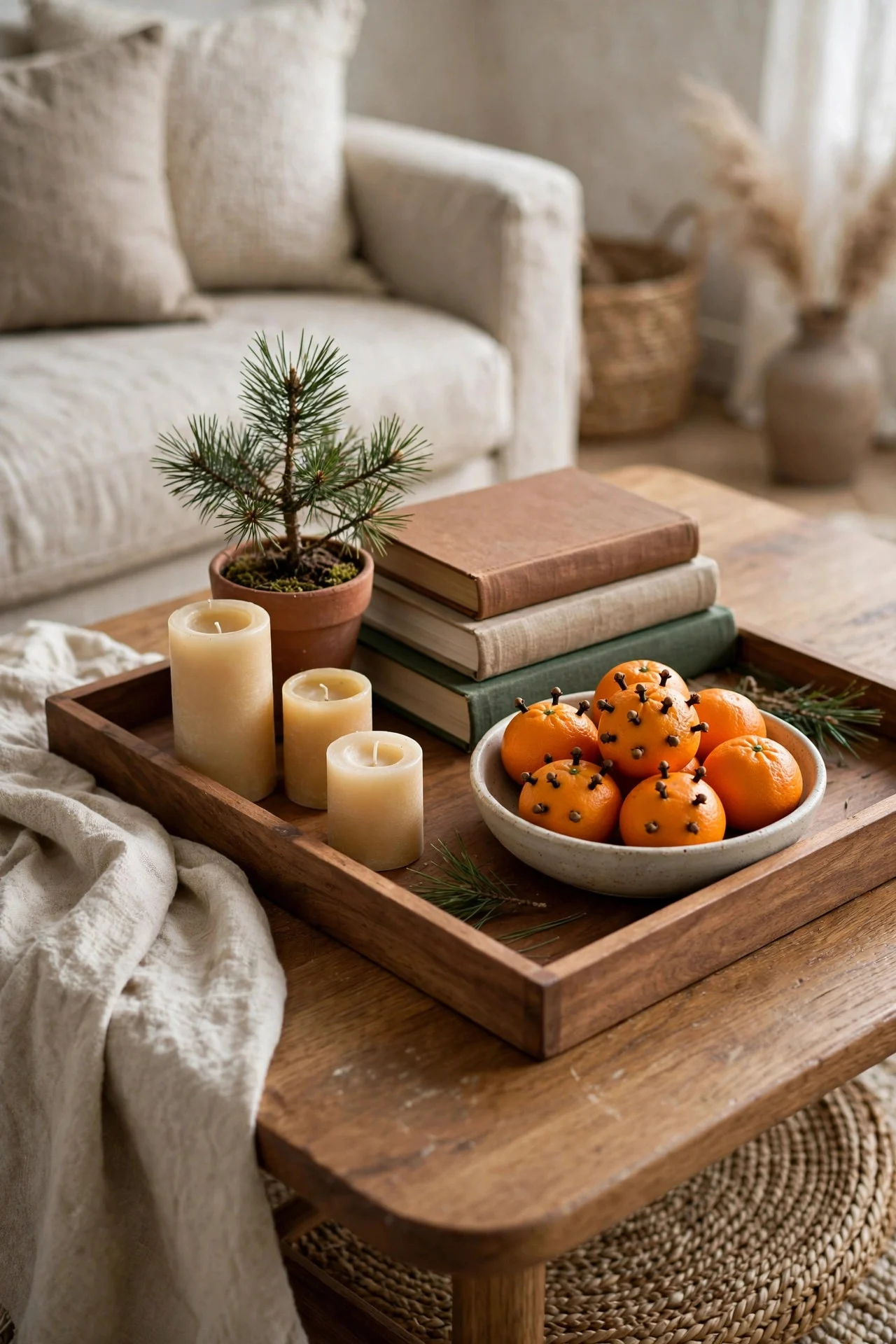 Christmas coffee table vignette with tray books candles and pine