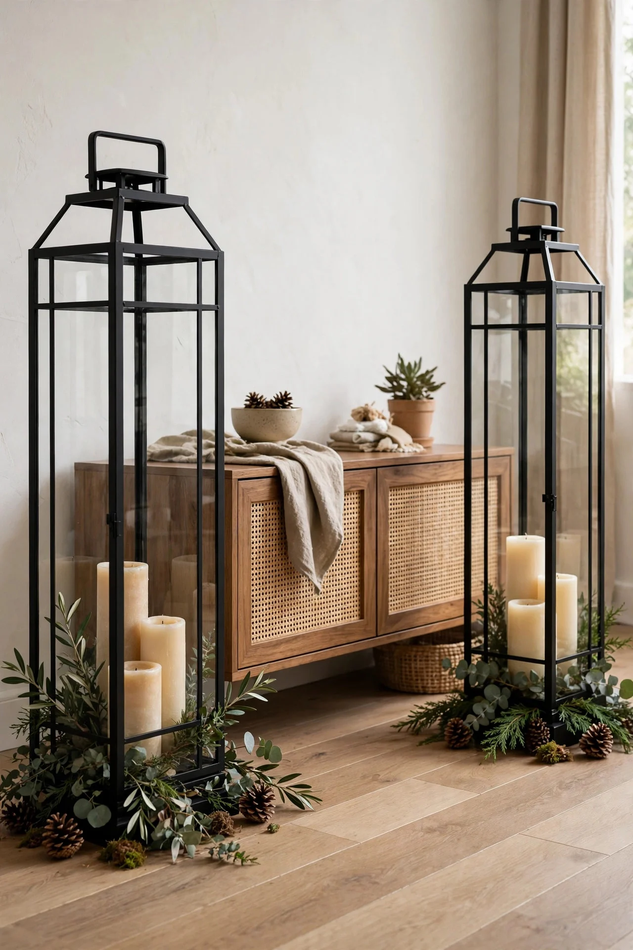 Oversized floor lanterns with candles flanking a console