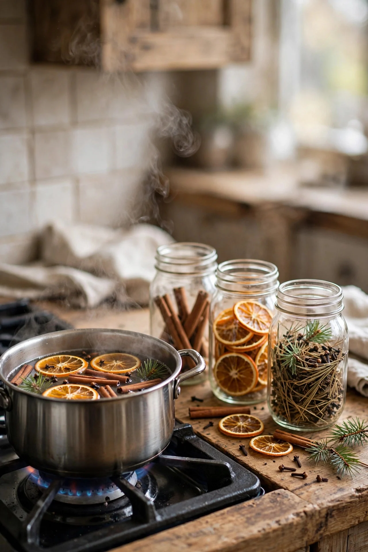 Christmas simmer pot with oranges cinnamon and pine on a stove
