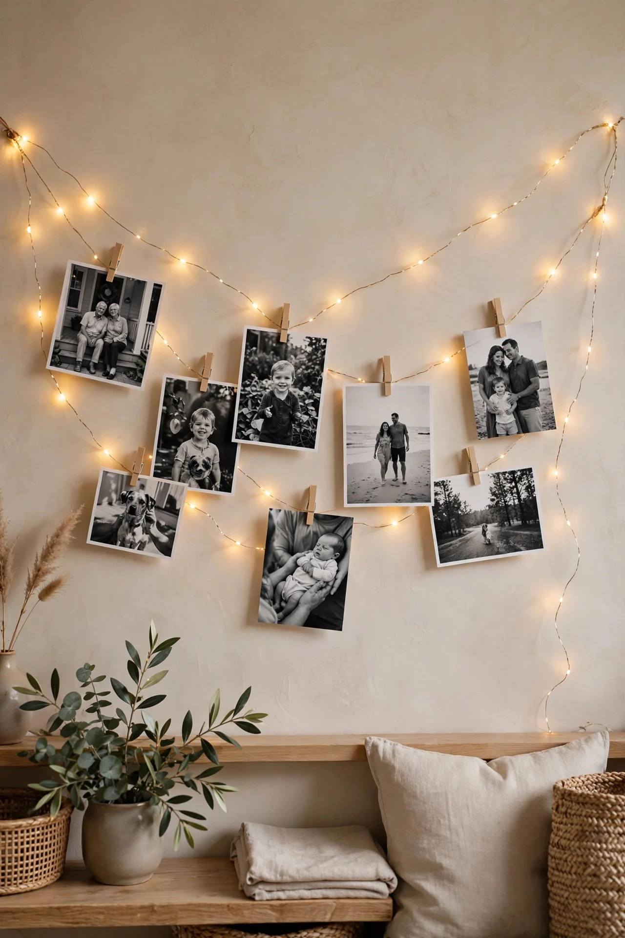 Fairy light garland with clipped family photos on a wall
