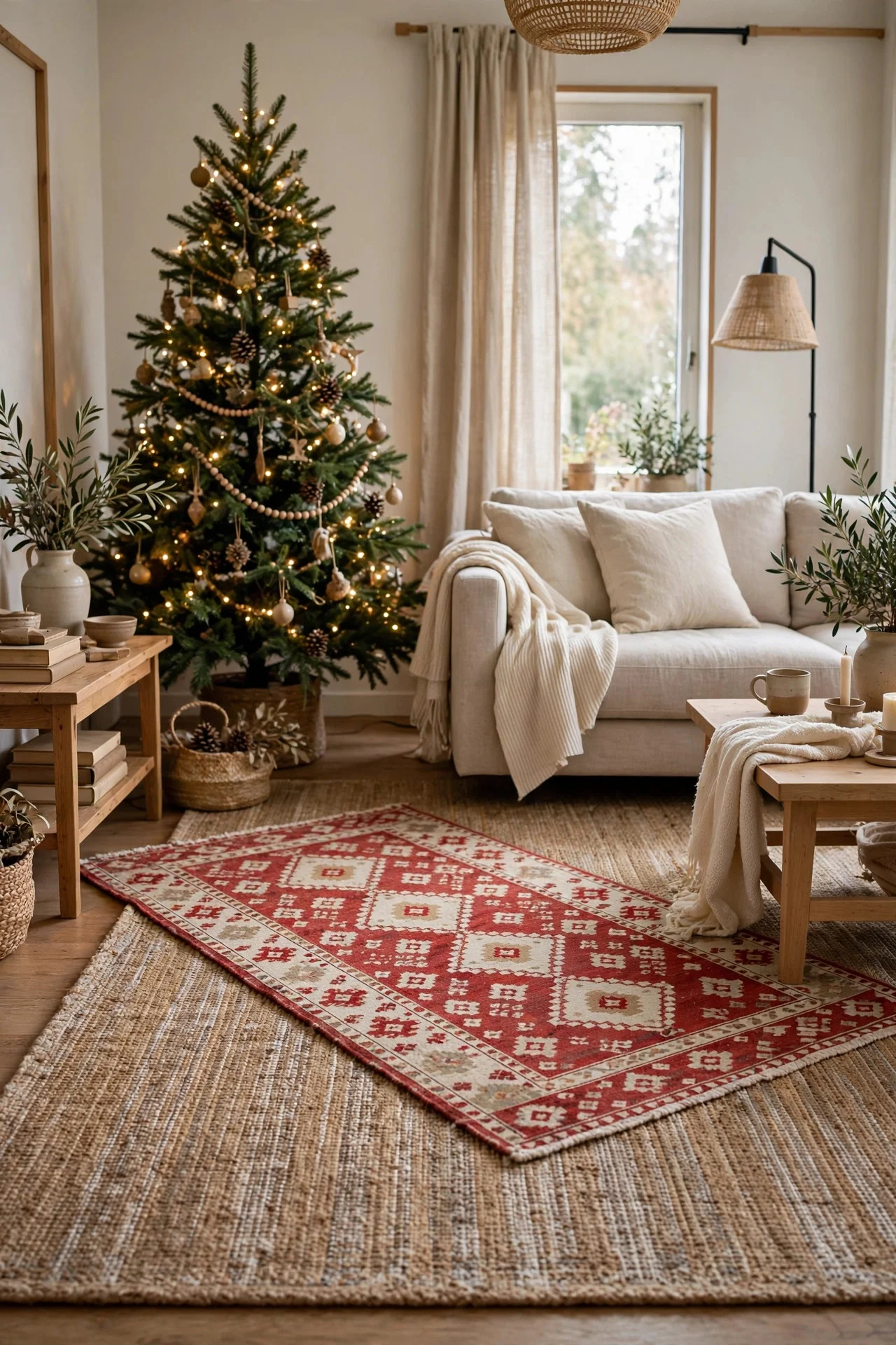 Layered rugs with a patterned rug angled over a neutral rug