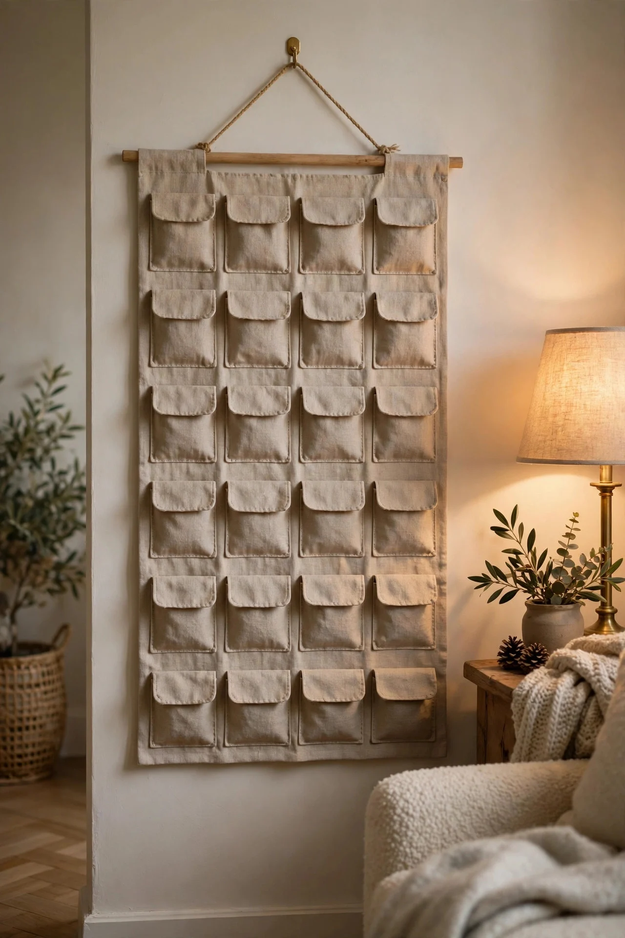 Fabric advent calendar hanging on a living room wall