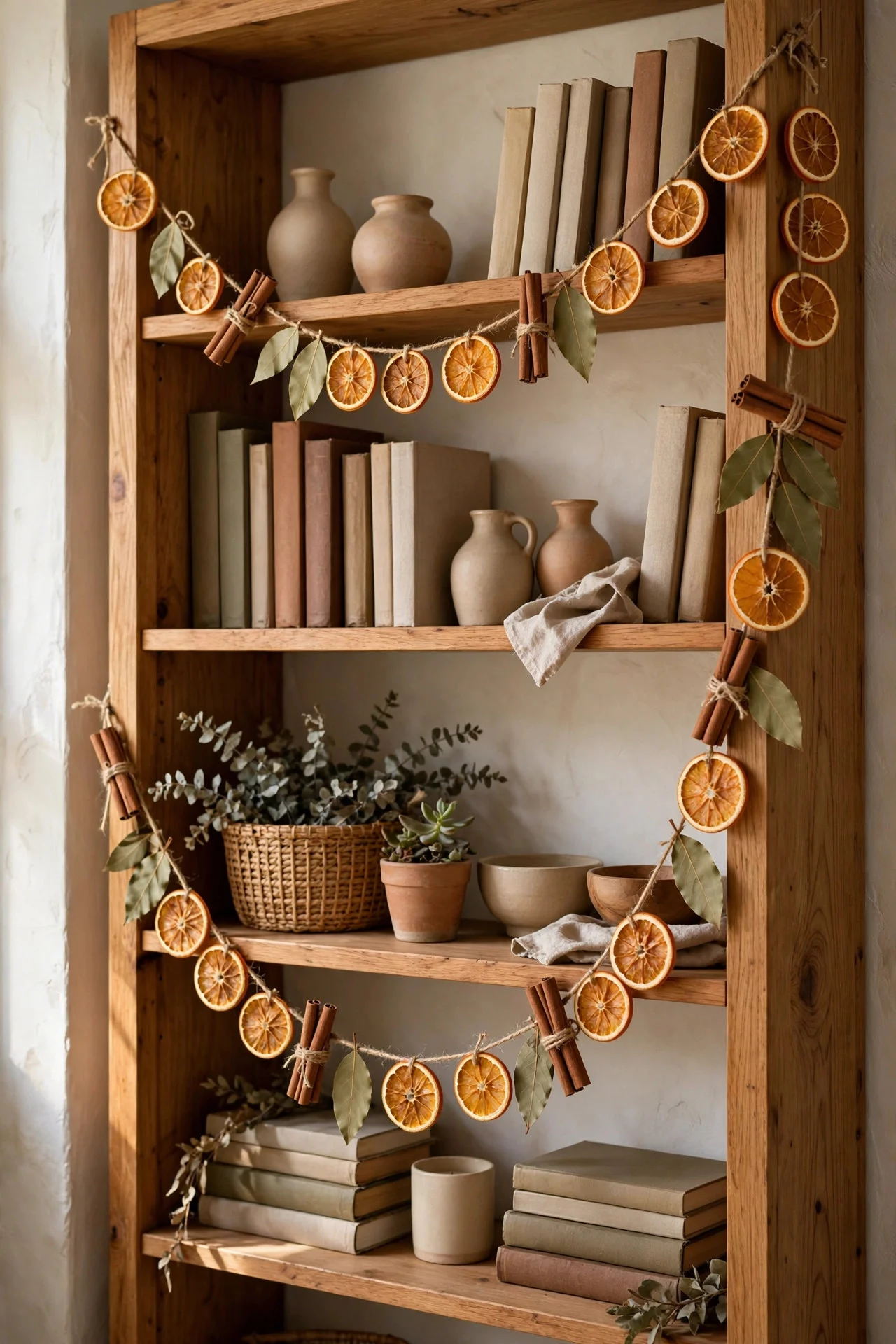 Dried orange slice garland draped on a bookshelf