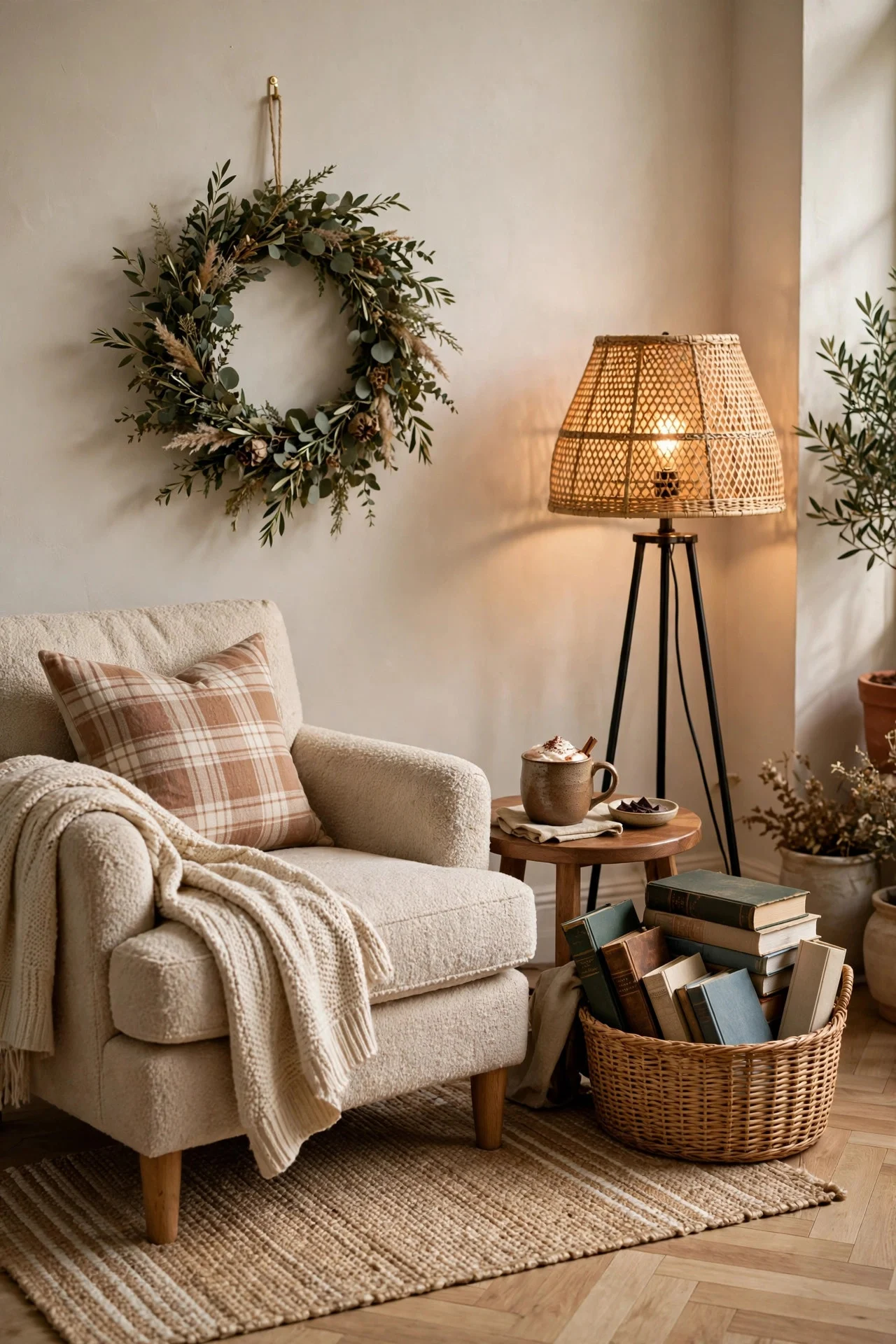 Christmas reading nook with armchair lamp and wreath