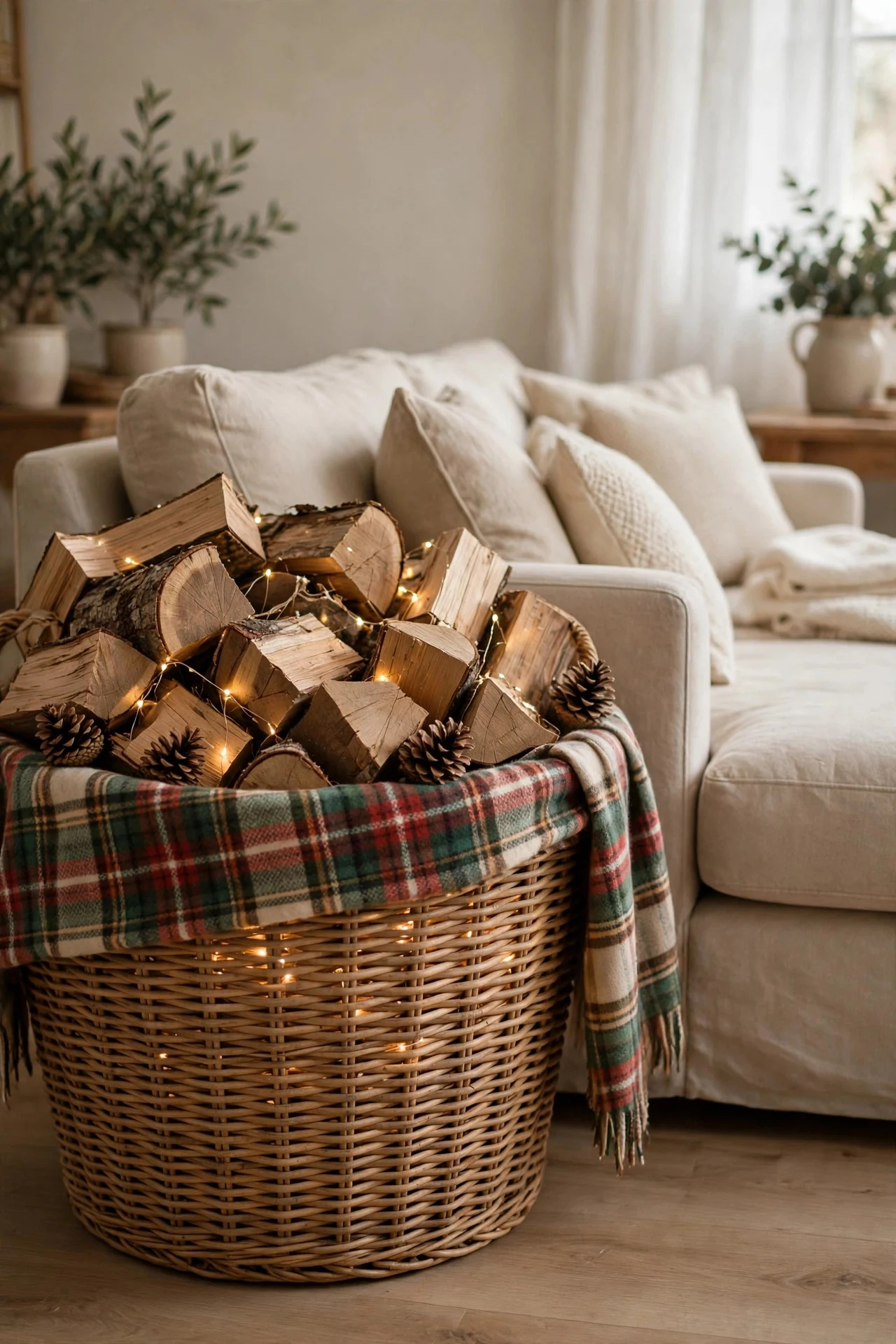 Woven basket of firewood with fairy lights beside a sofa