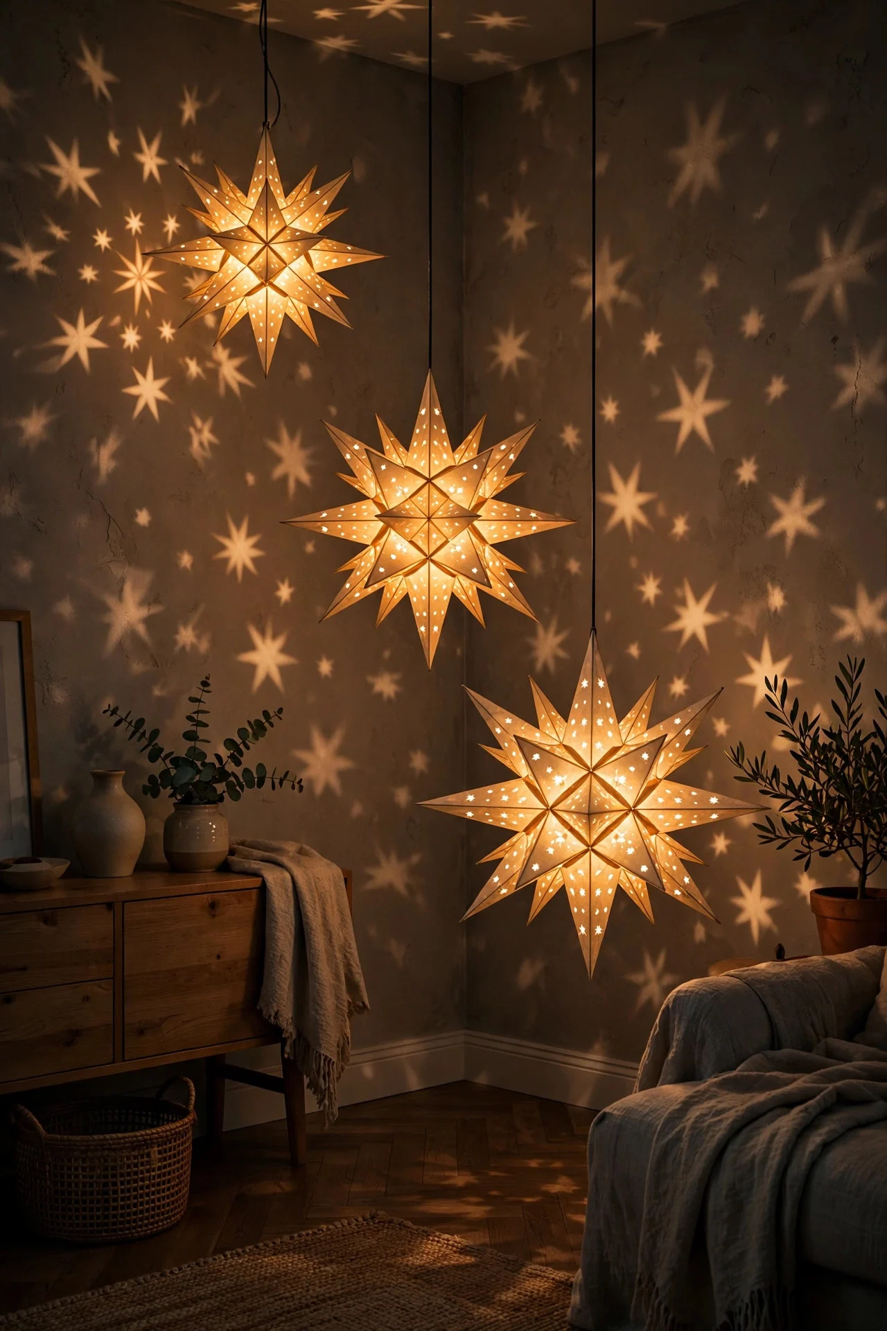 Hanging Moravian star lanterns glowing in a living room corner