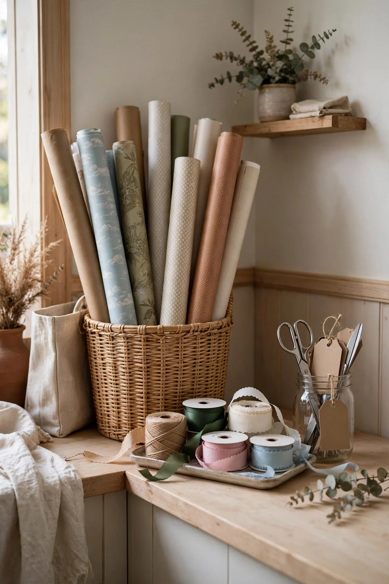 Christmas gift wrap station styled as corner decor