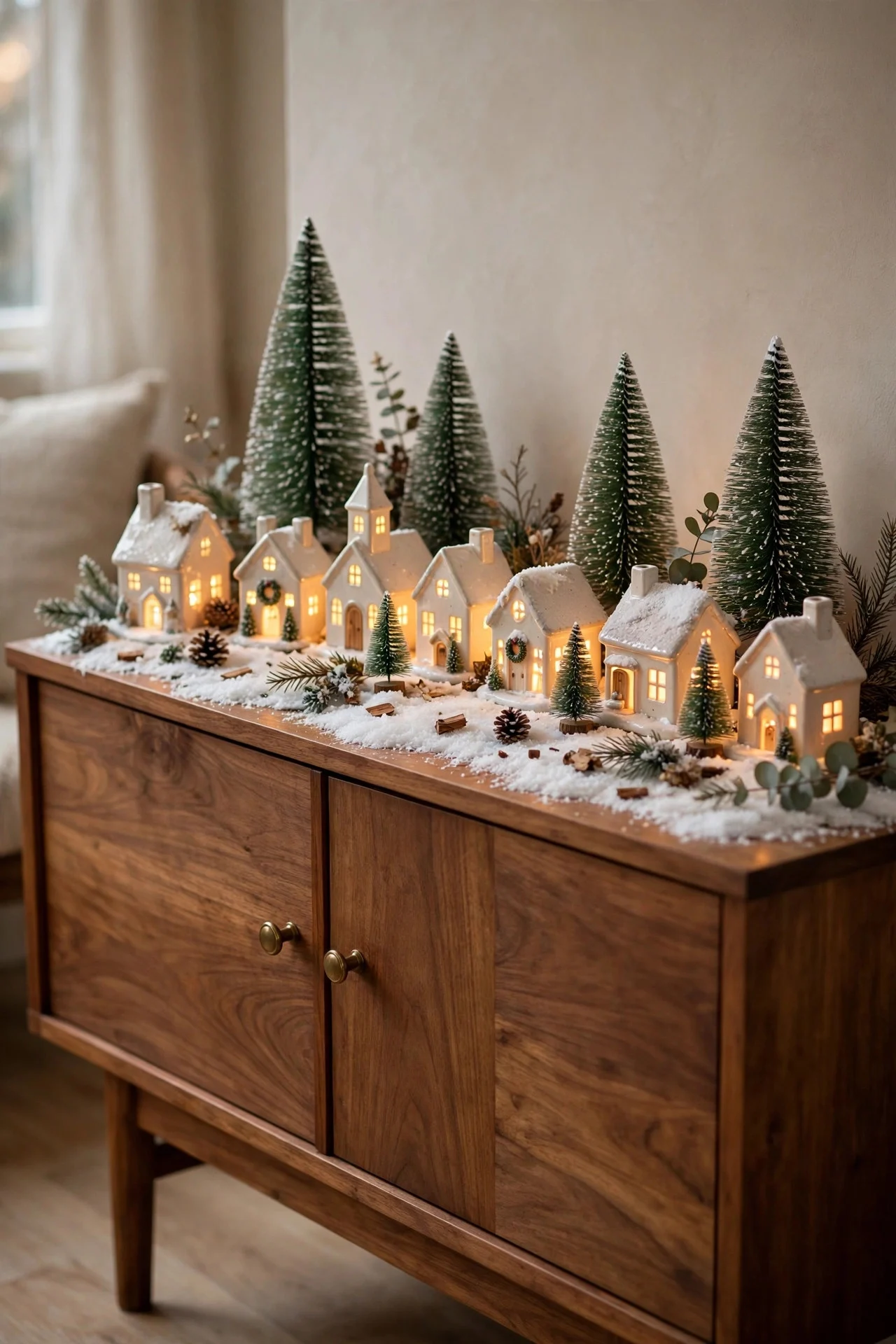 Vintage ceramic Christmas village glowing on a sideboard
