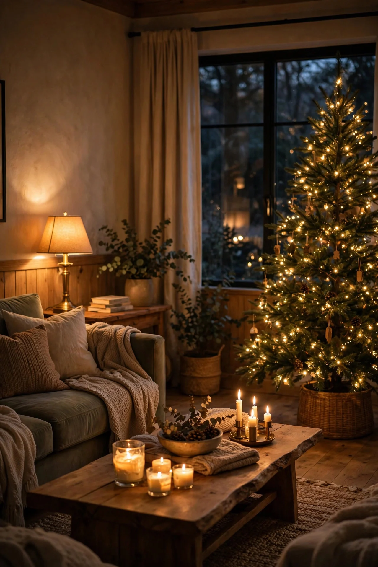 Living room glowing with warm layered lighting at Christmas