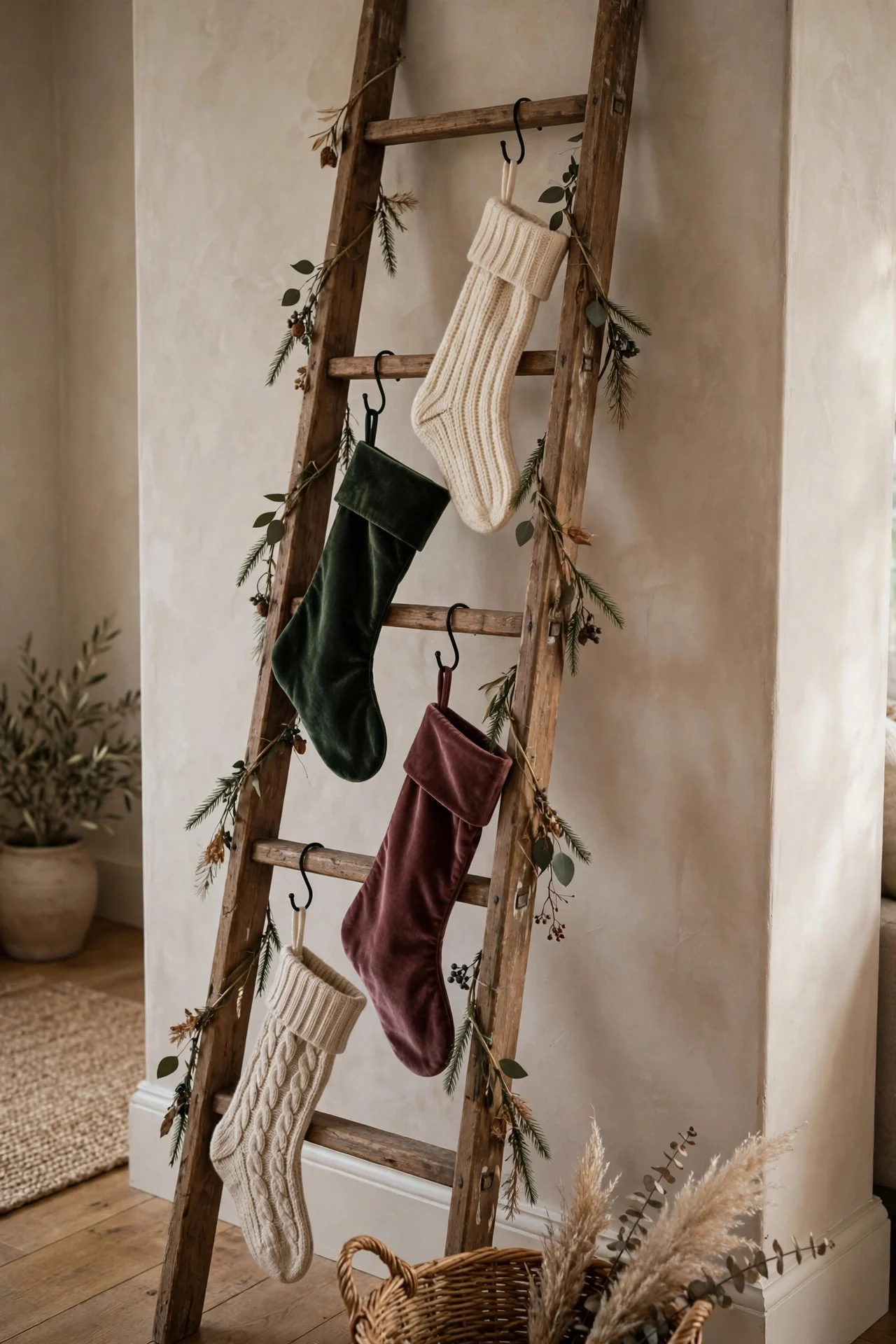 Stockings hanging from a decorative ladder against a wall
