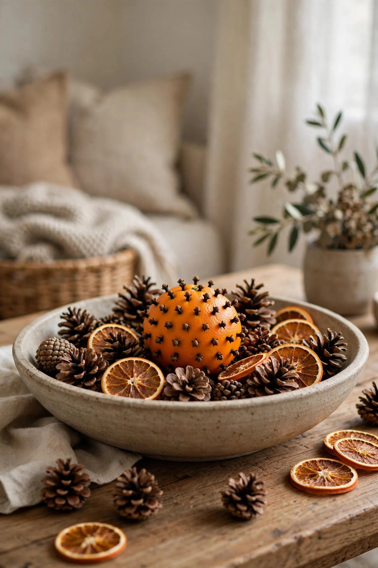 Bowl of pinecones with a clove-studded orange pomander
