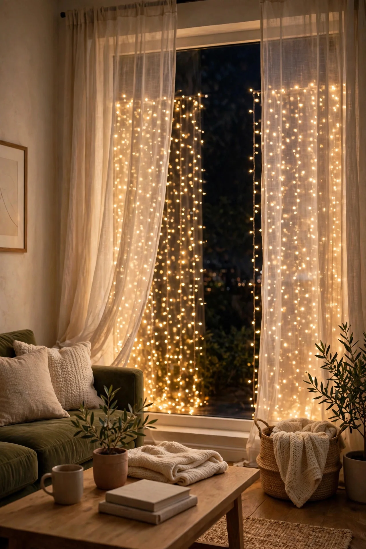 Fairy light curtain glowing behind sheer curtains in a window