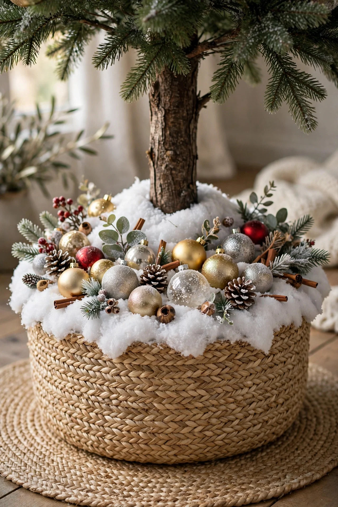 Christmas tree with a woven basket tree collar