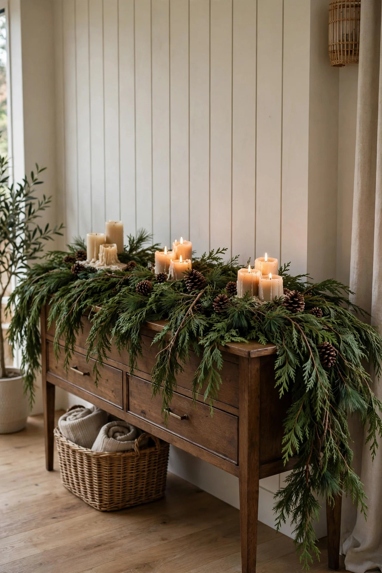 Cedar garland runner styled down a long console table