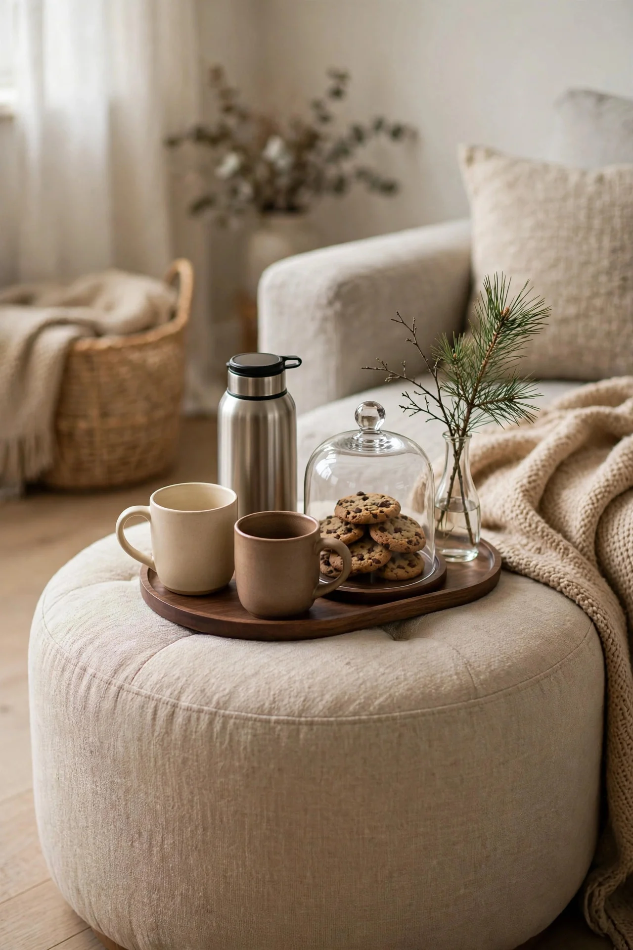 Cocoa tray for two with mugs cookies and a pine sprig