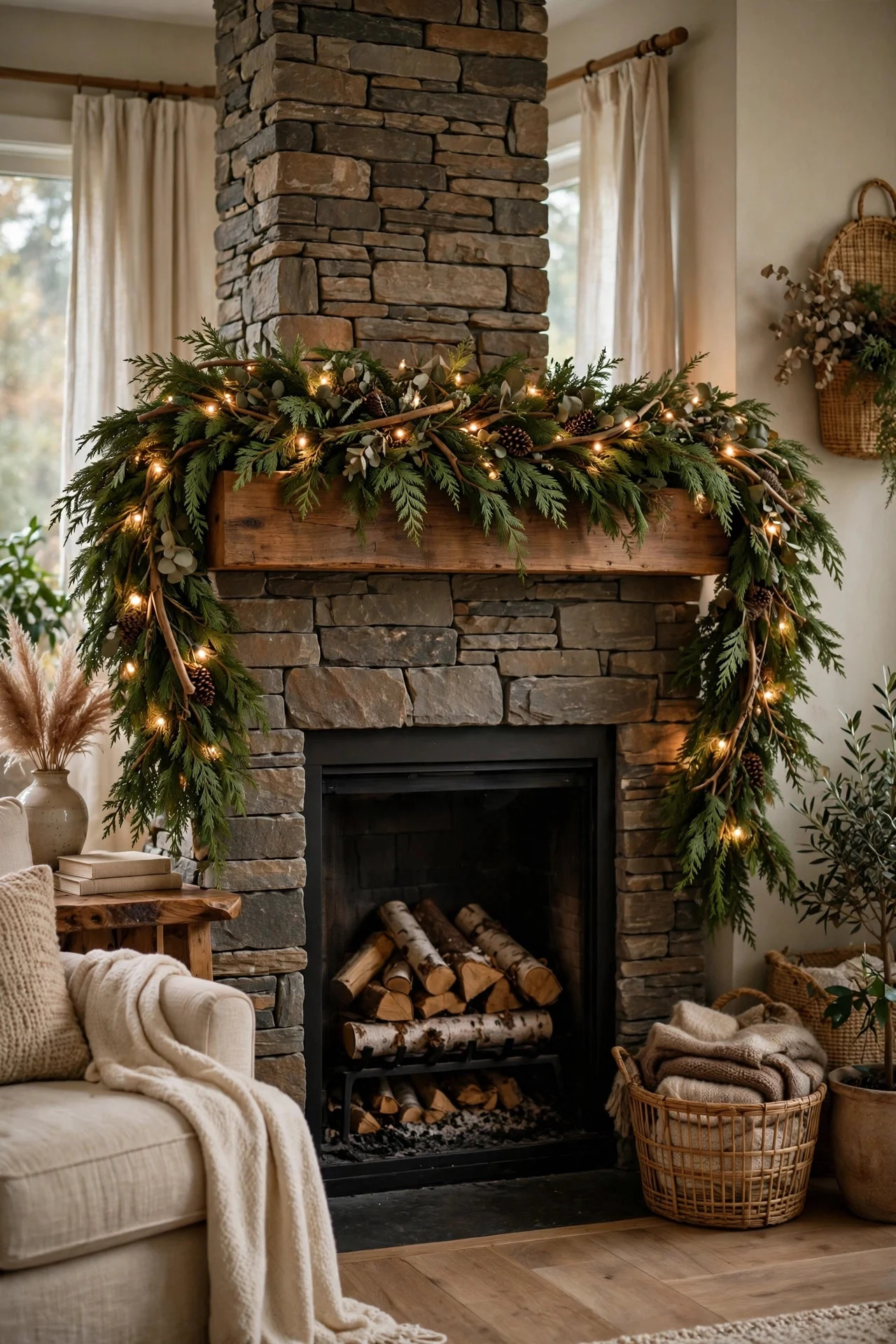 Full cedar garland with lights on a Christmas mantel