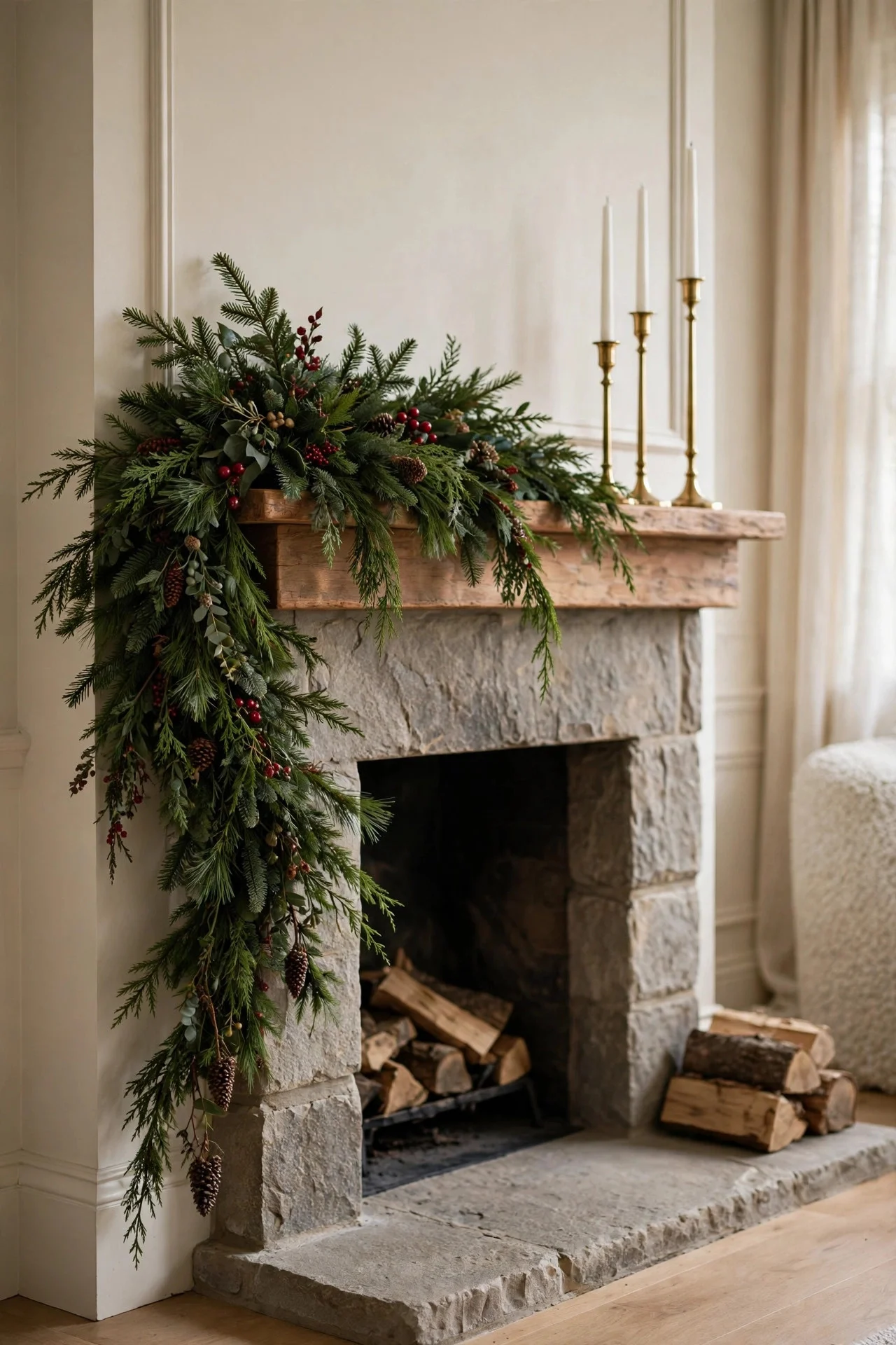 Asymmetric garland drape on a Christmas mantel