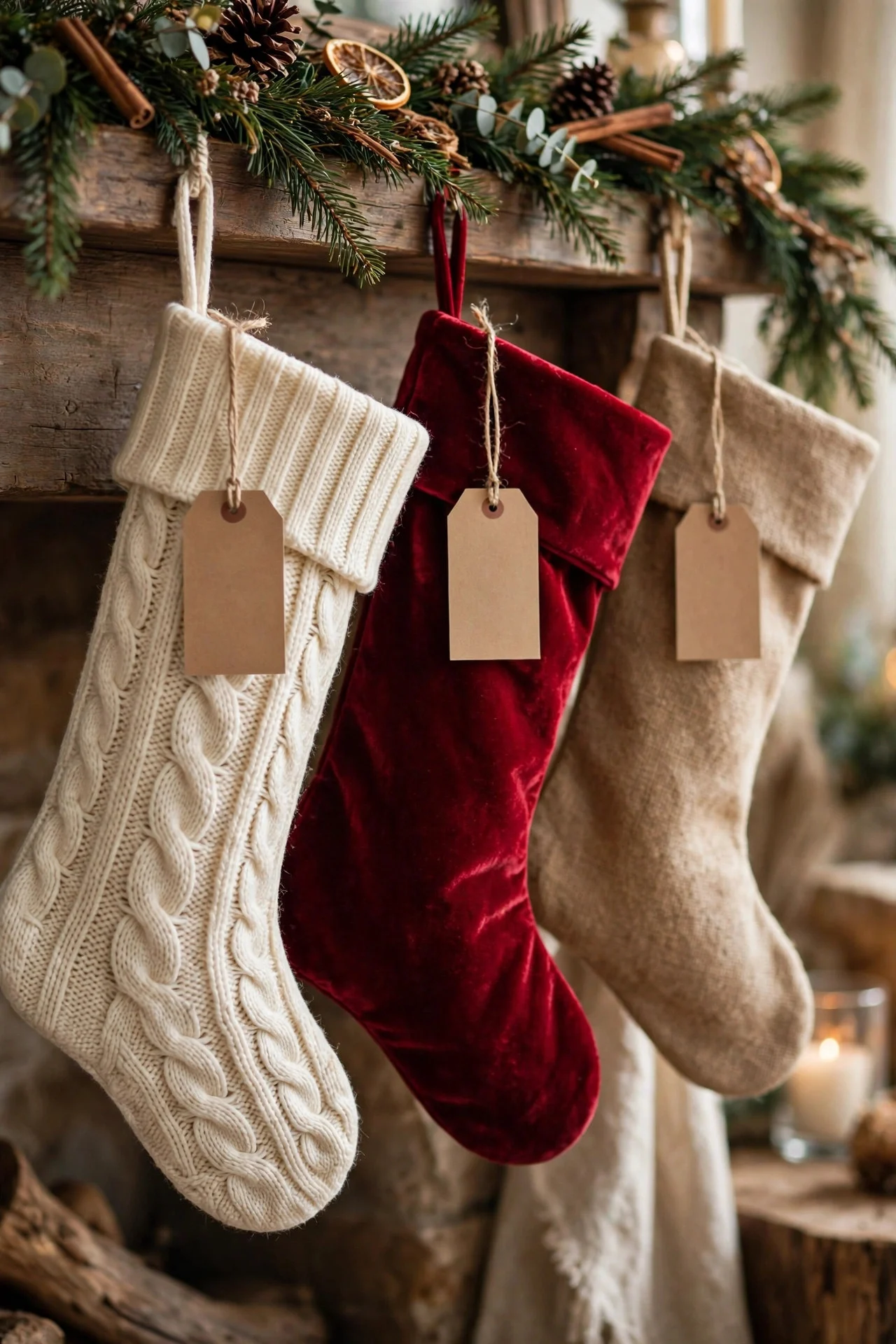 Mixed texture Christmas stockings hanging on a mantel