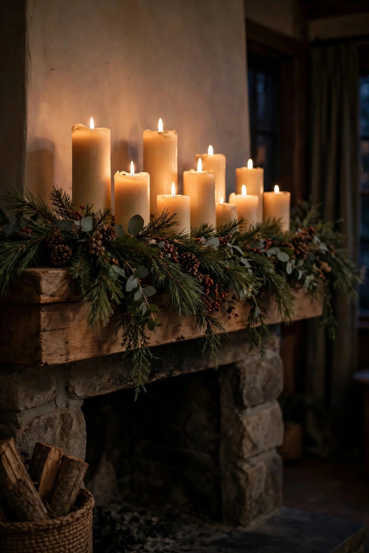 Staggered pillar candles glowing behind mantel garland