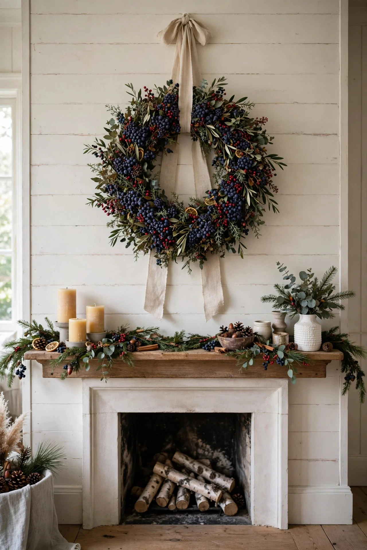 Wreath hung as an anchor above a Christmas mantel