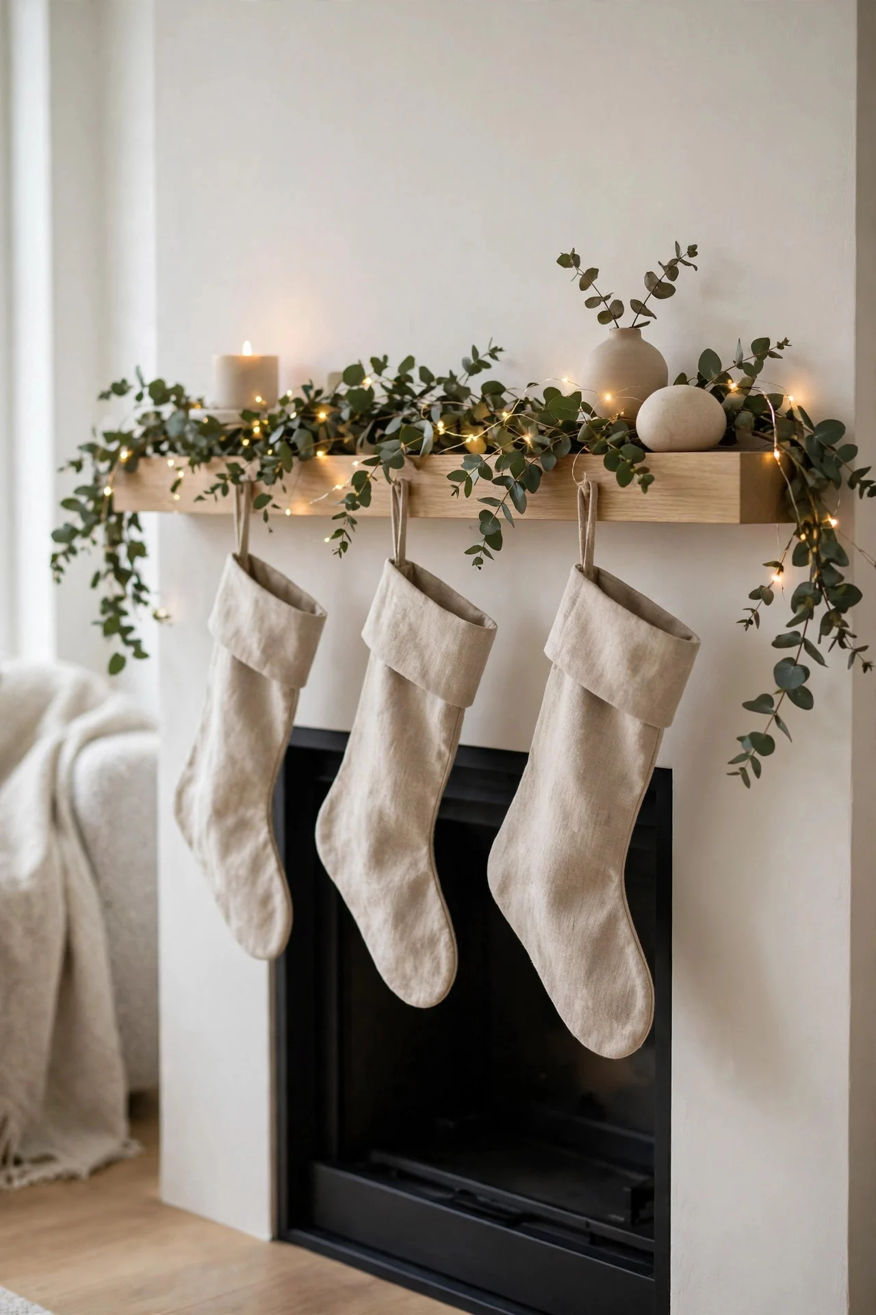 Minimalist eucalyptus garland with fairy lights on a mantel