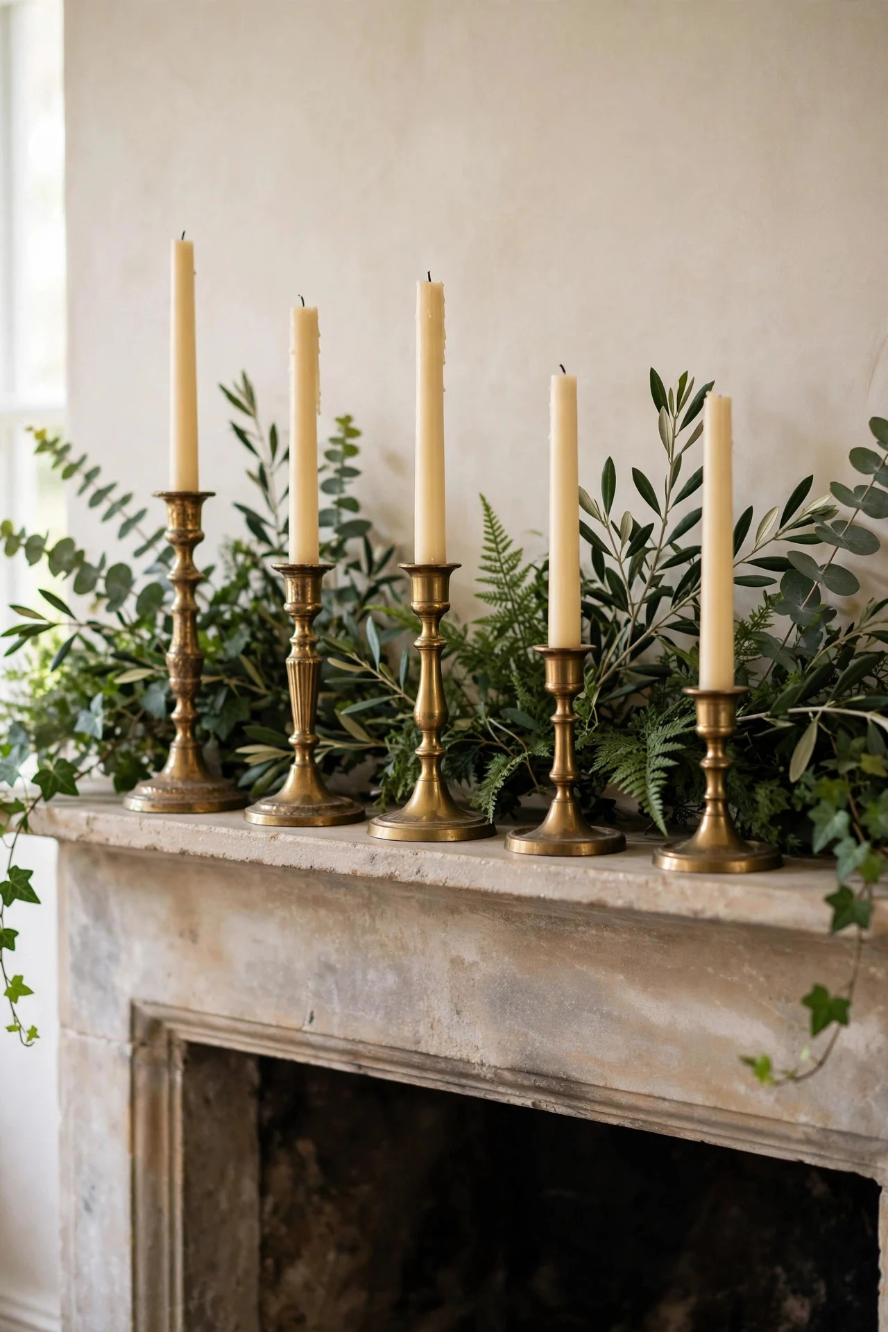 Collected vintage brass candlesticks on a Christmas mantel