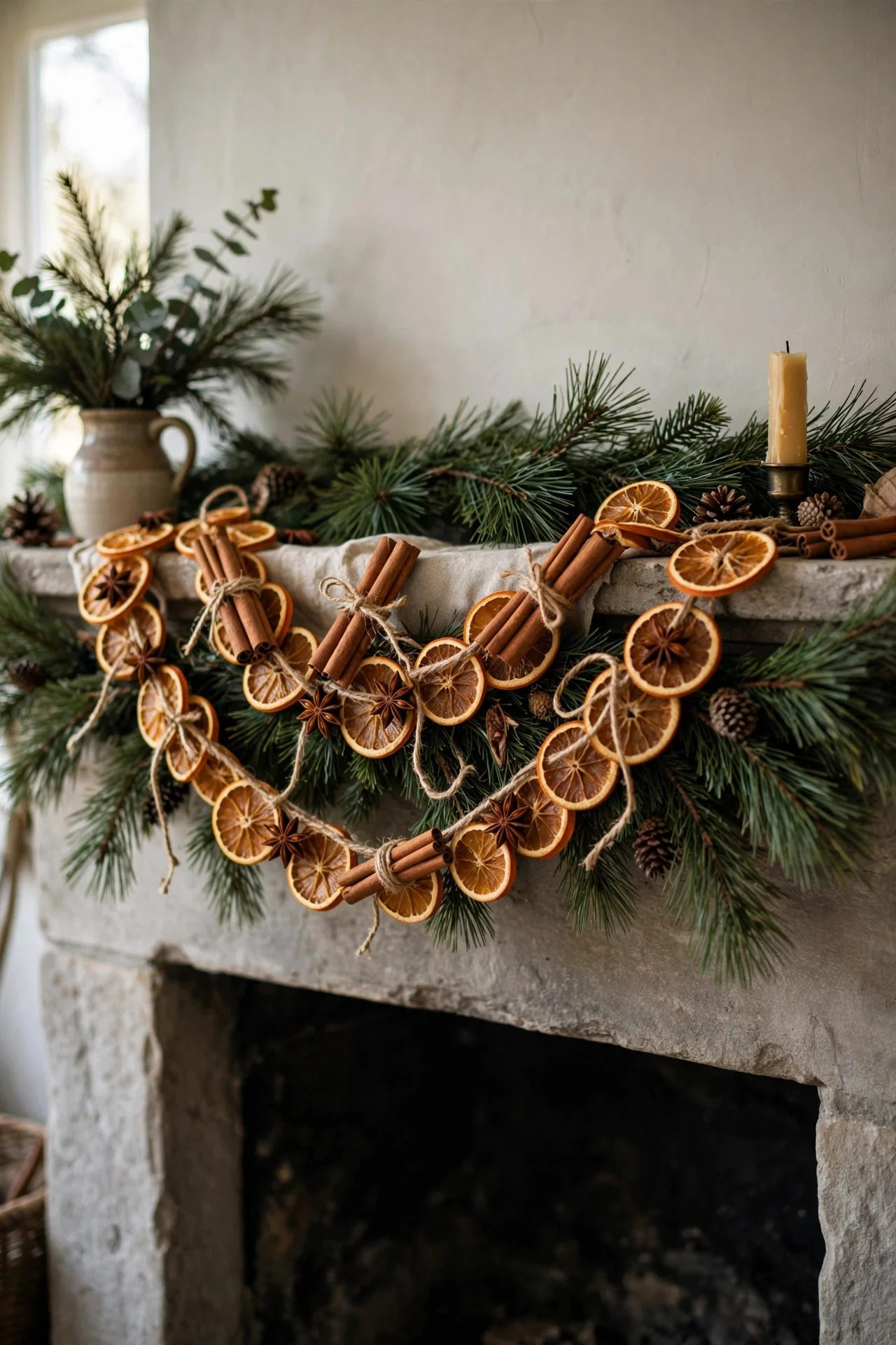 Dried citrus and cinnamon garland on a Christmas mantel