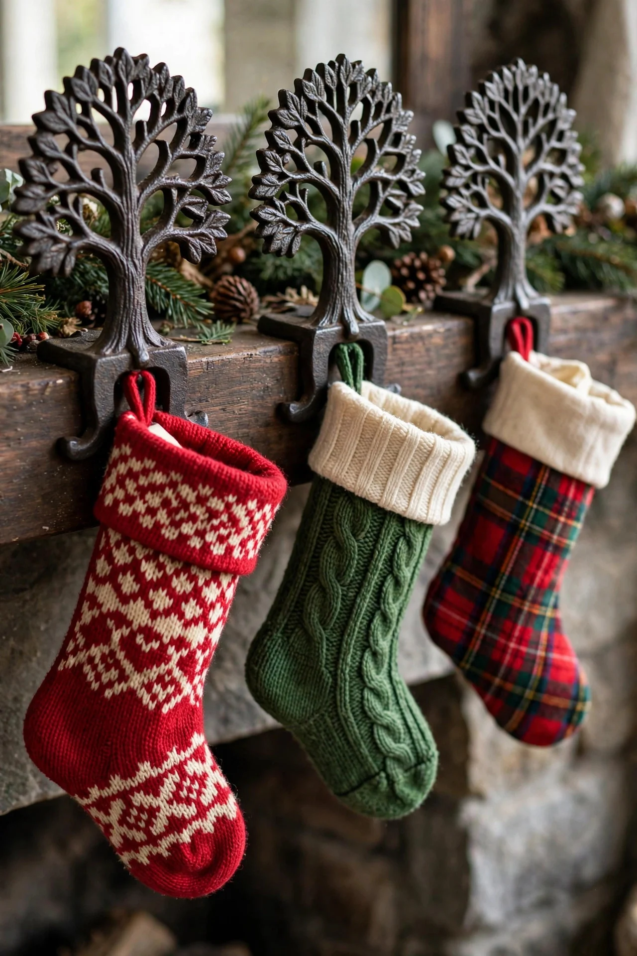 Weighted cast iron stocking holders on a mantel