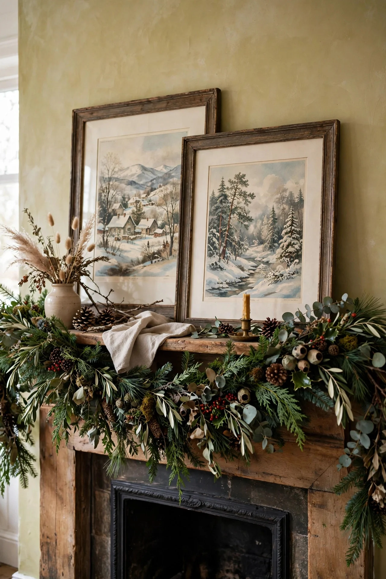 Layered framed art behind garland on a Christmas mantel