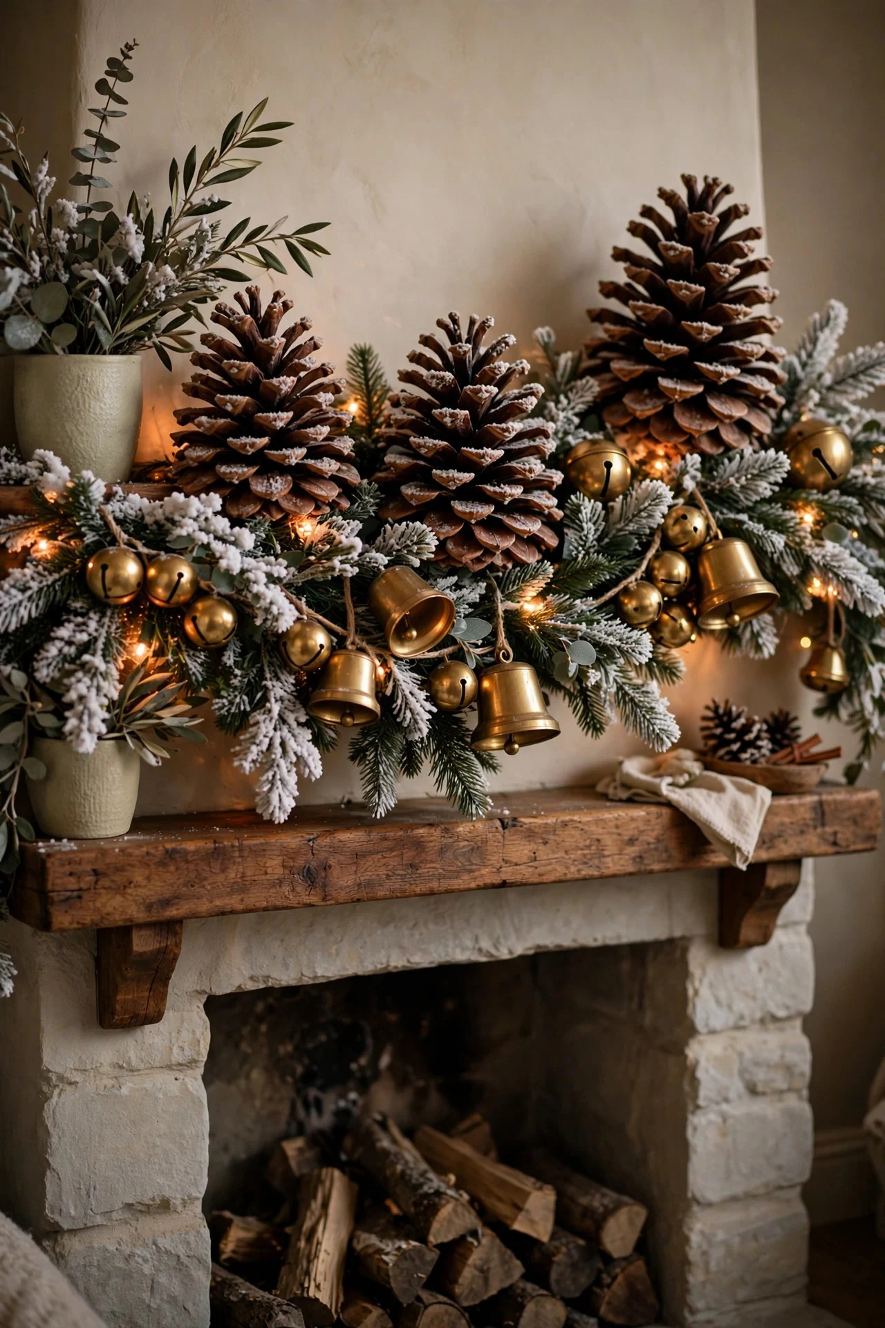 Flocked snow-dusted garland with pinecones on a mantel