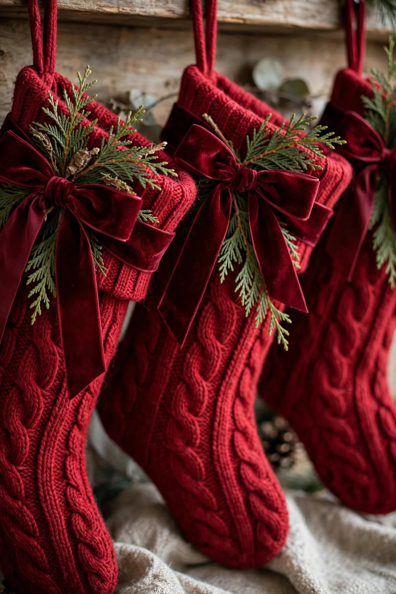 Stockings with velvet ribbon bows tied around the cuffs