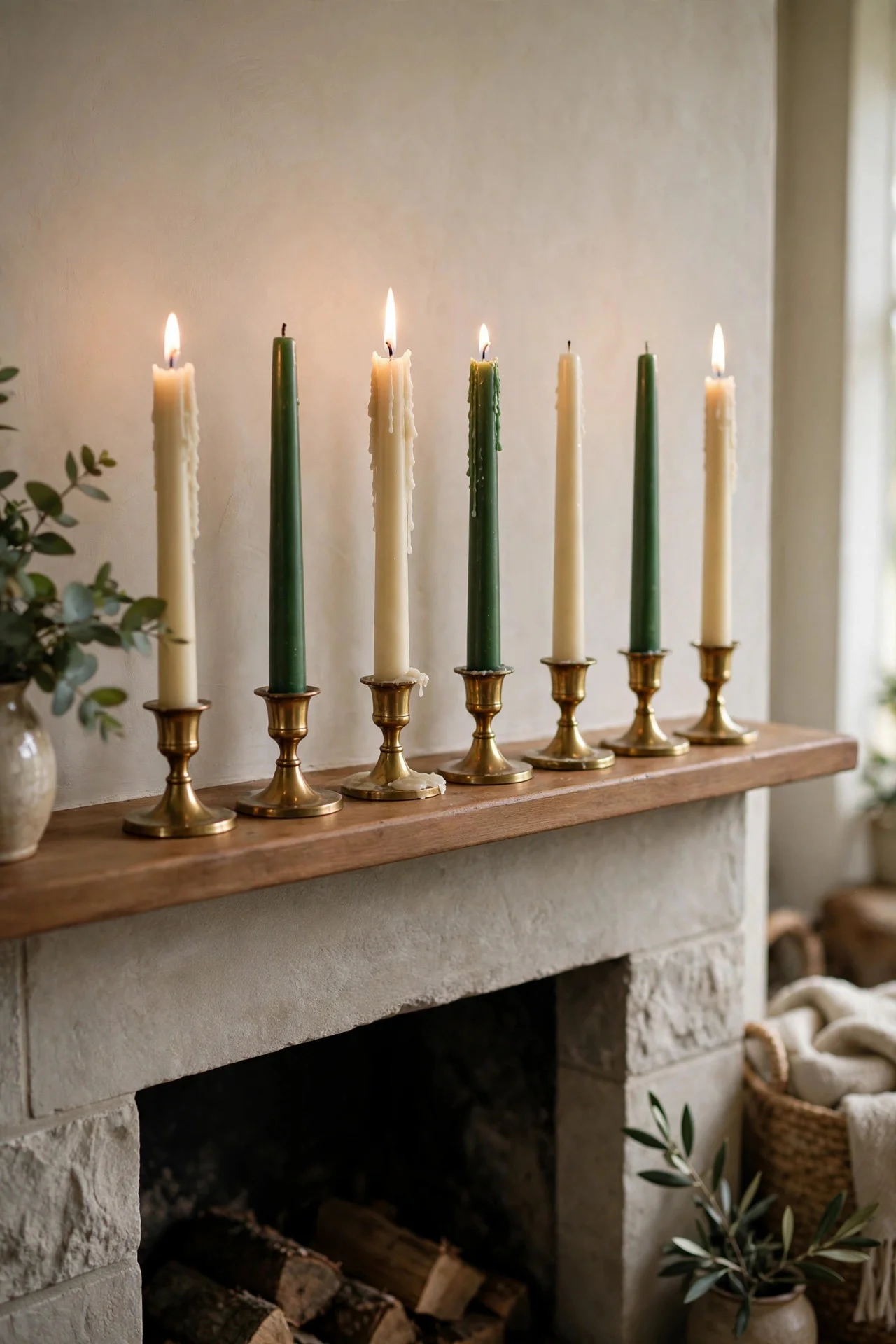 Row of tall taper candles in brass holders on a mantel