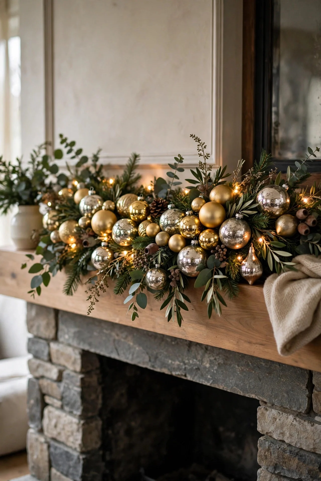 Gold ornaments tucked into a Christmas mantel garland
