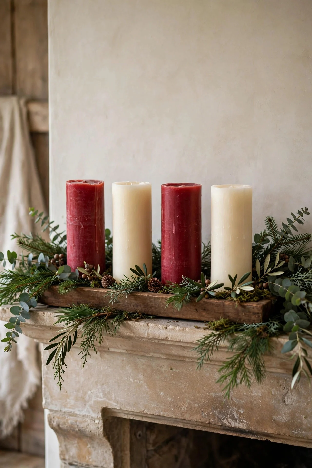 Advent candles lined on a tray on a Christmas mantel