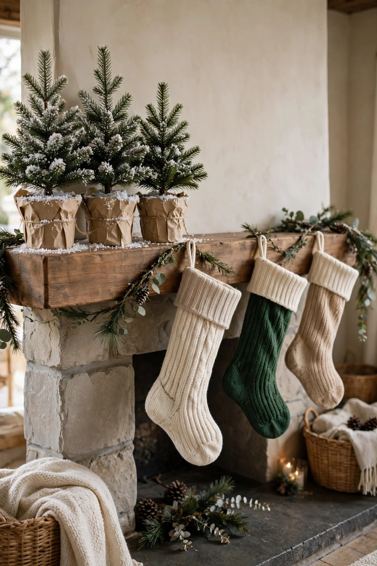 Mini potted pine trees clustered on one end of a mantel