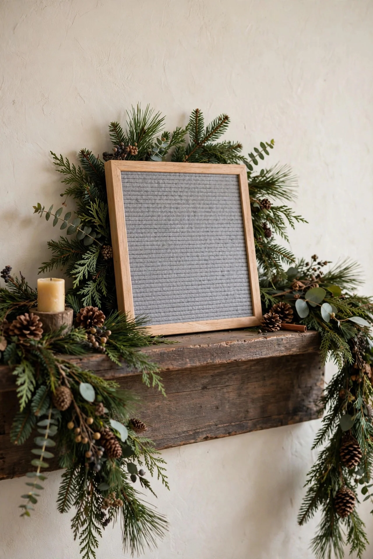 Letter board with a holiday message on a Christmas mantel