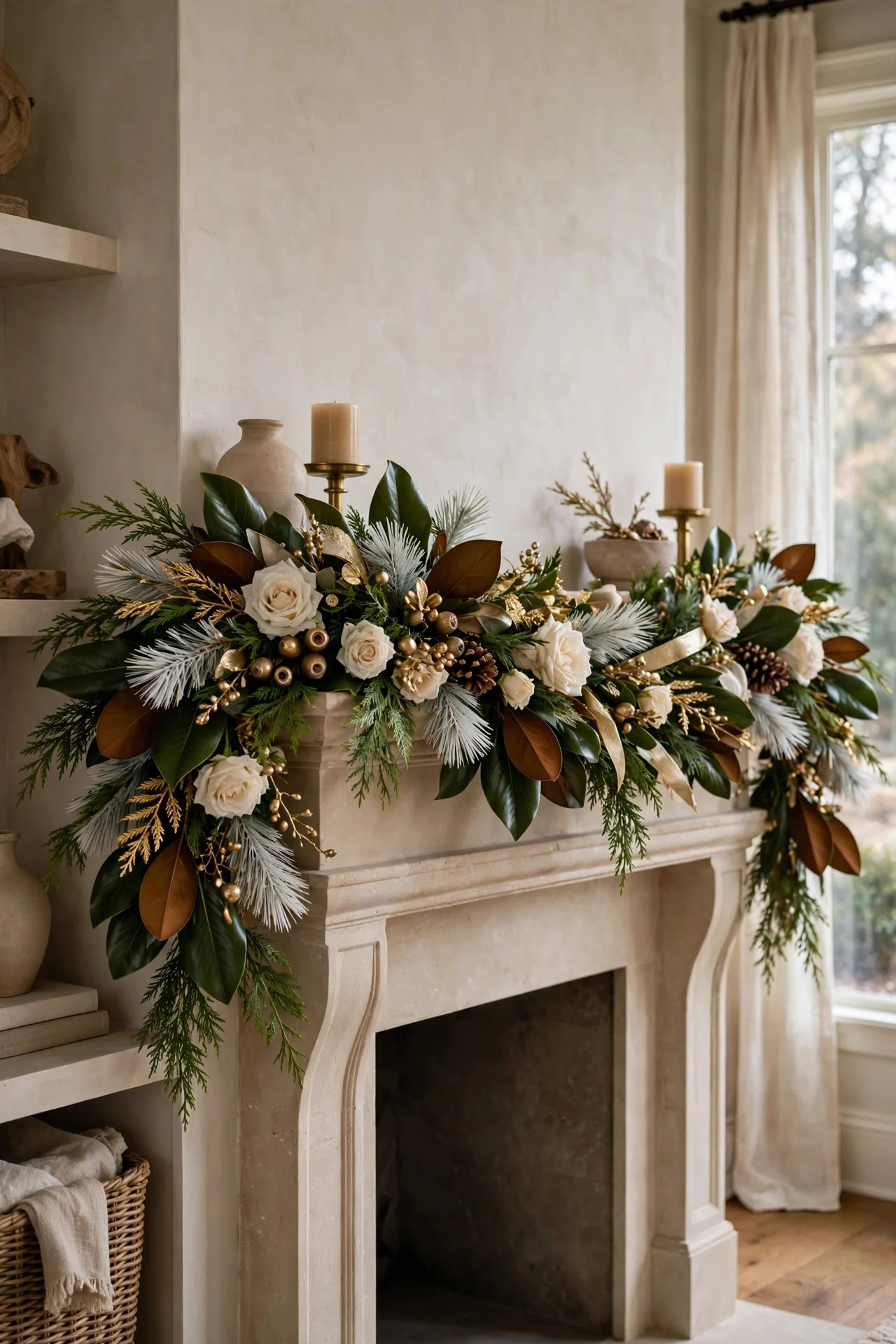 Magnolia and pine garland with cream roses on a mantel