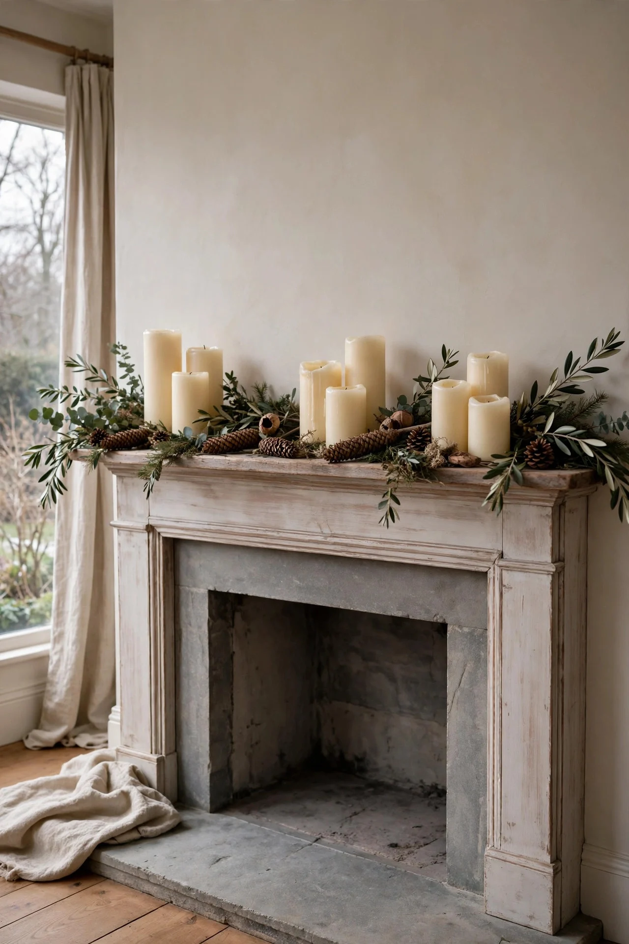 Winter mantel with plain greenery and cream candles after Christmas