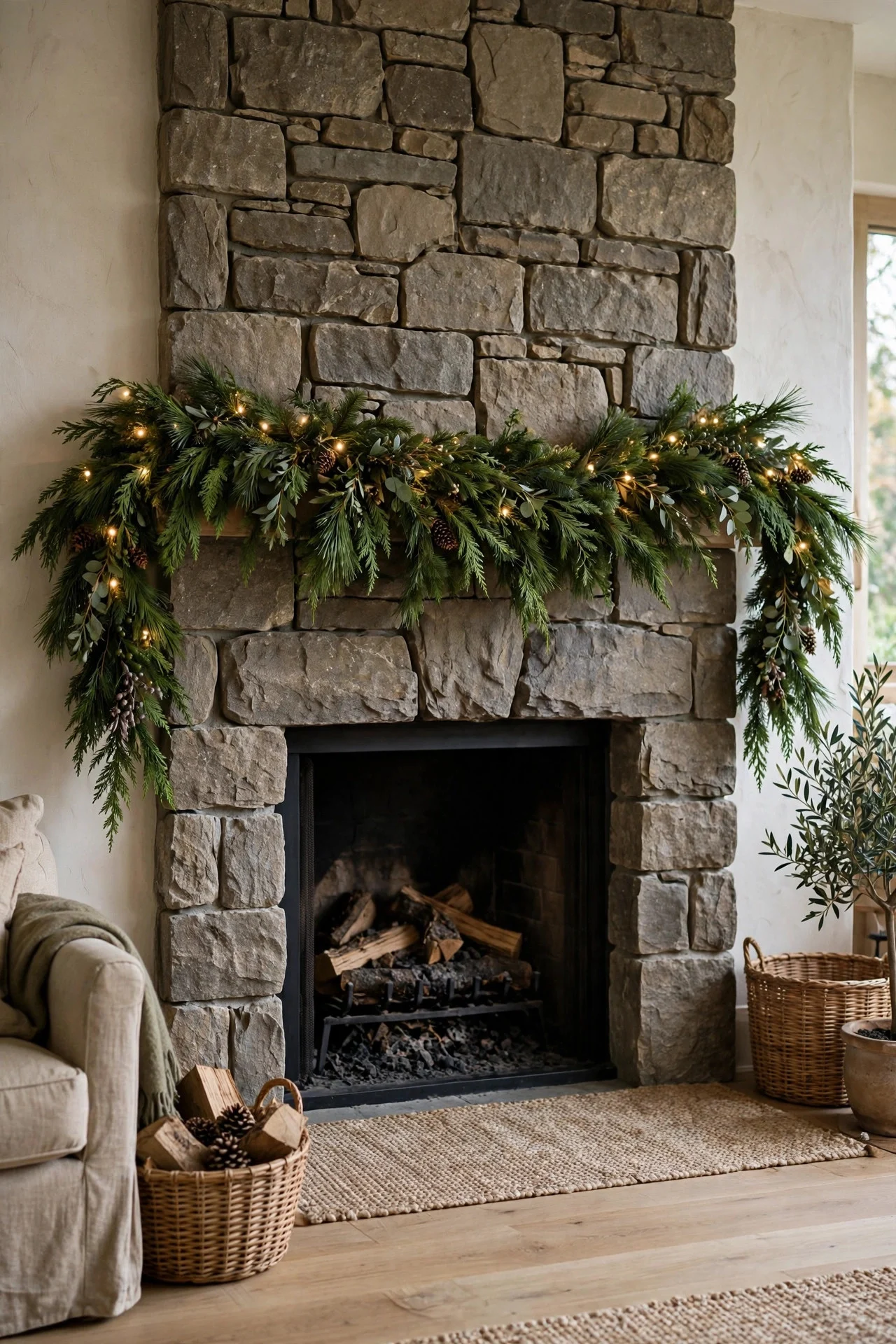 Garland draped directly on a fireplace surround without a mantel