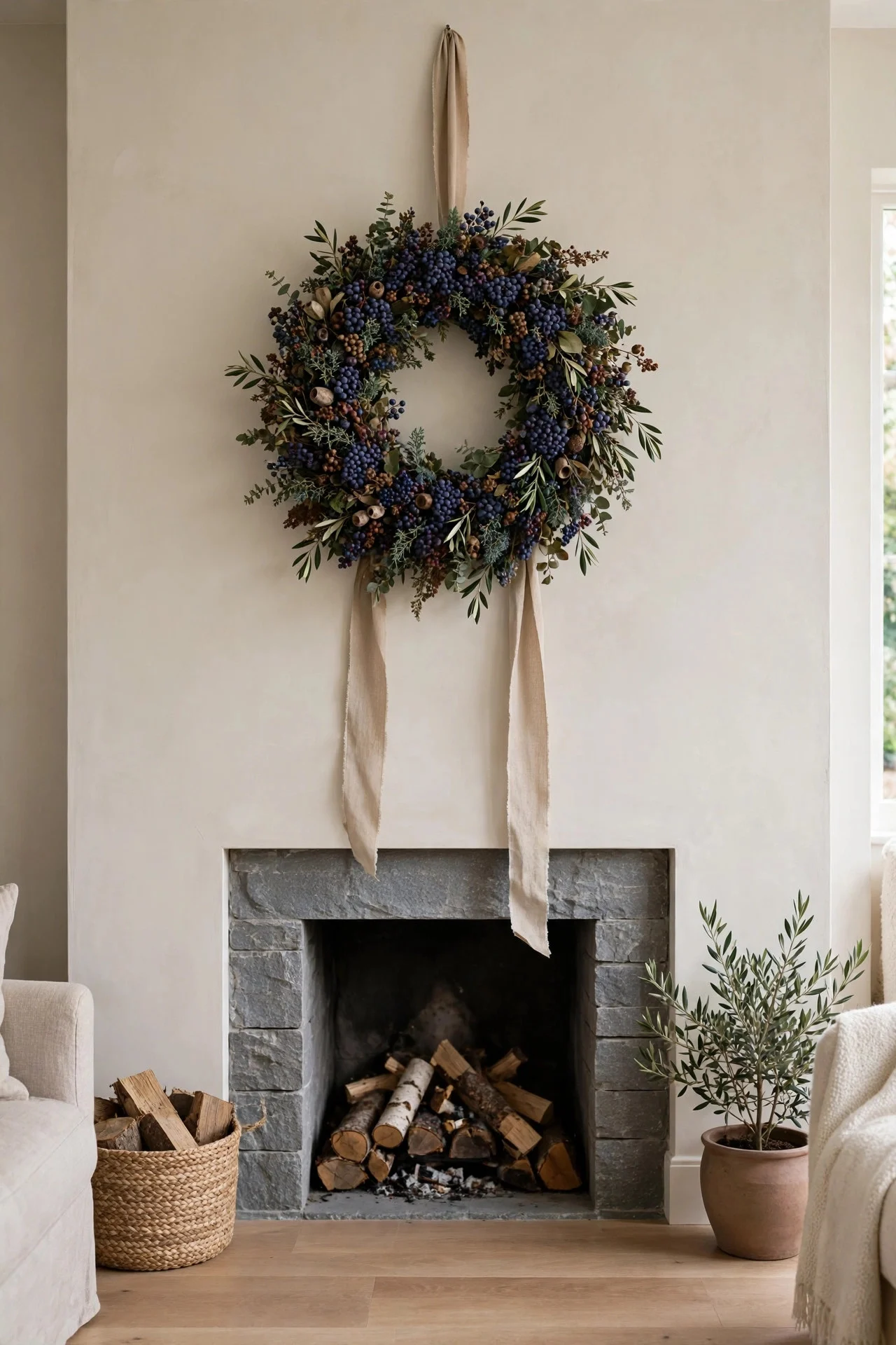 Oversized wreath hung on the wall above a fireplace with no mantel
