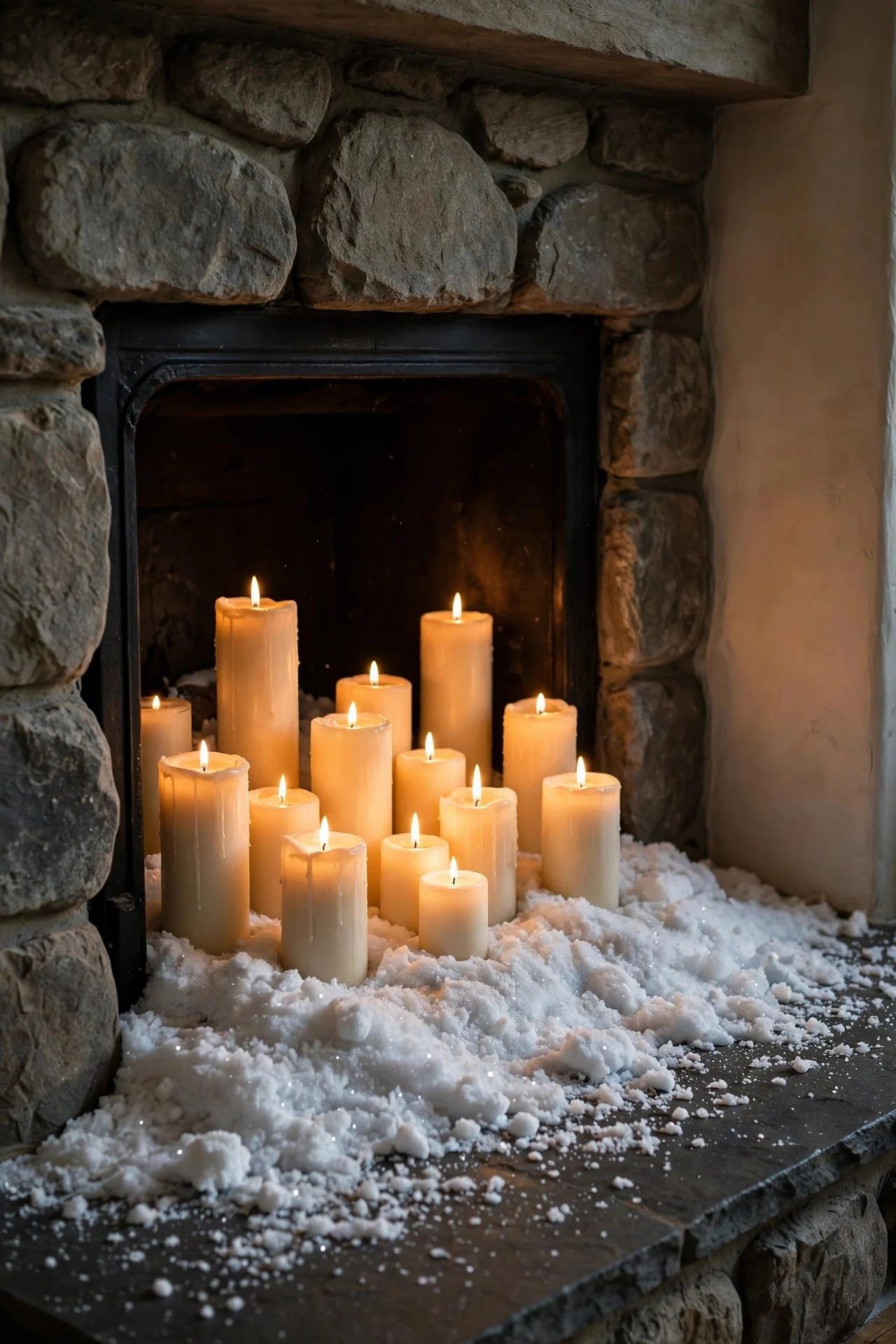 Fireplace firebox filled with glowing pillar candles