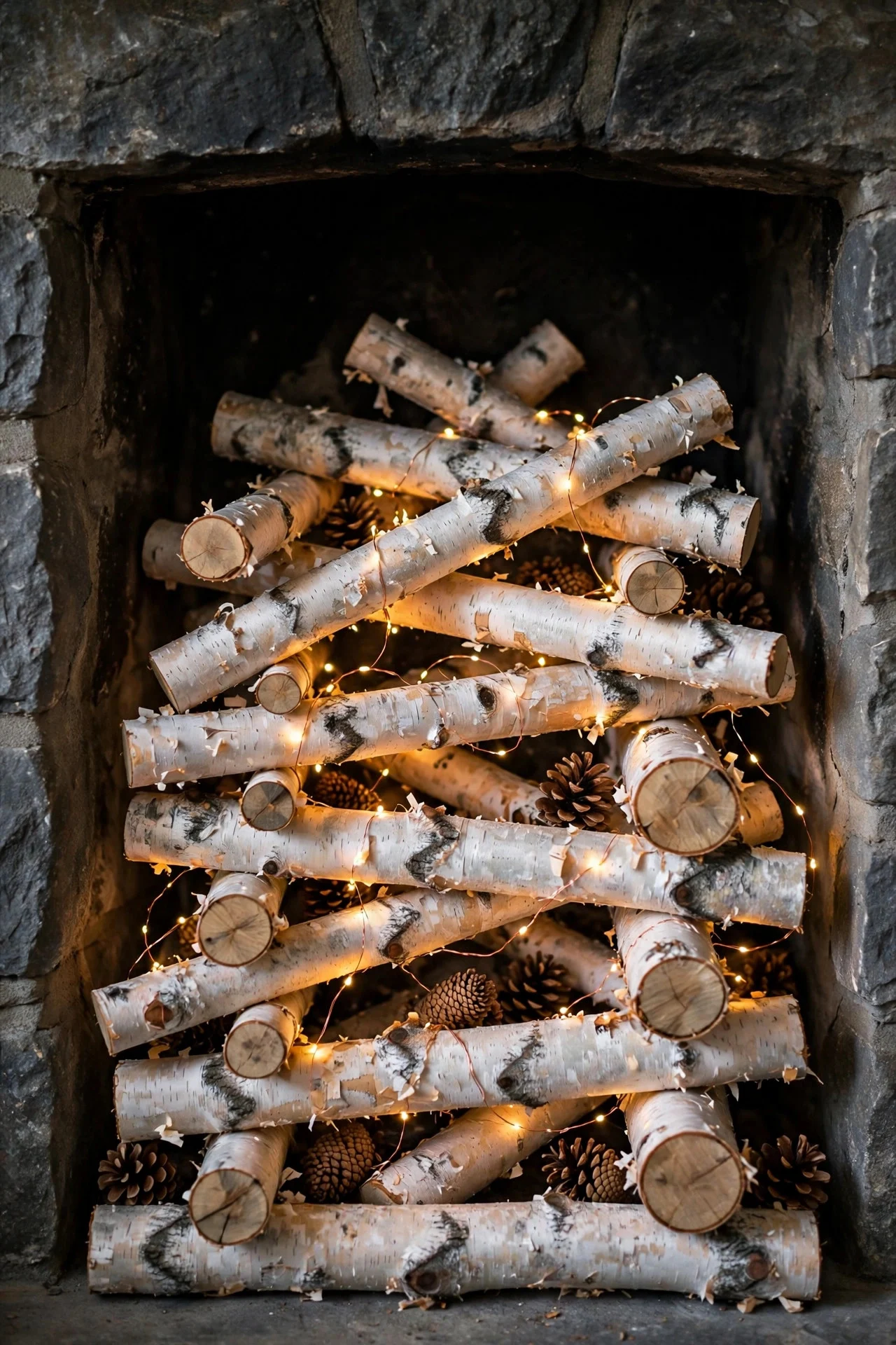 Birch logs with fairy lights inside a fireplace firebox